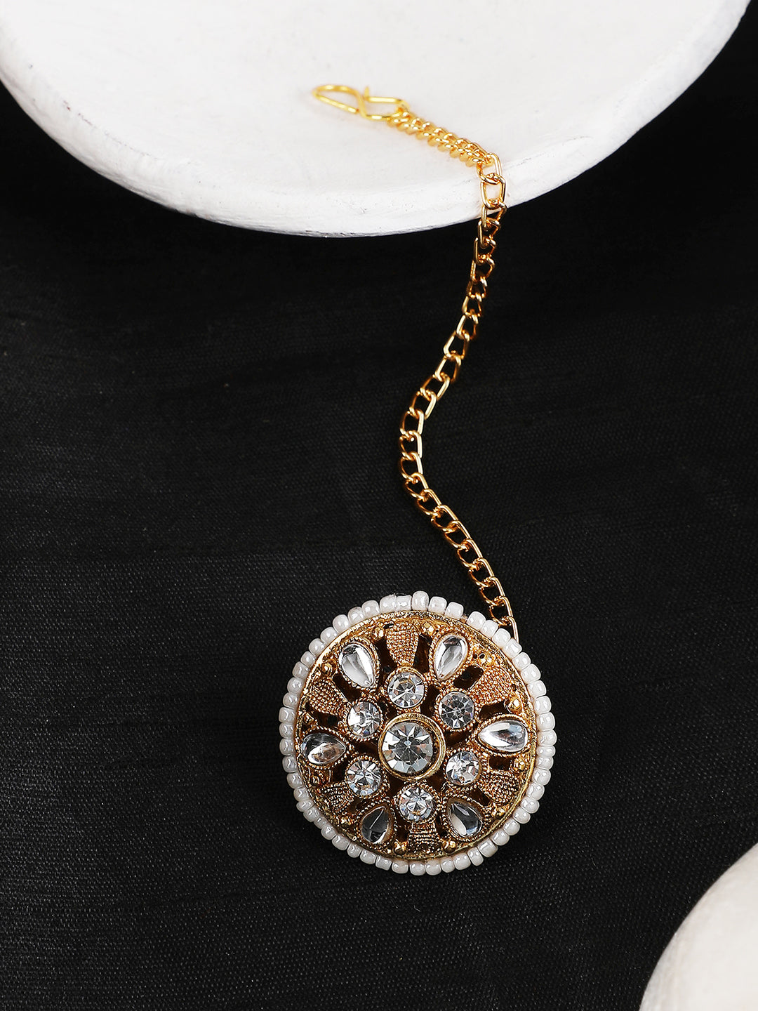 Women's Off-White Gold-Plated Stone Studded & Beaded Borla Maang Tika(Borla)