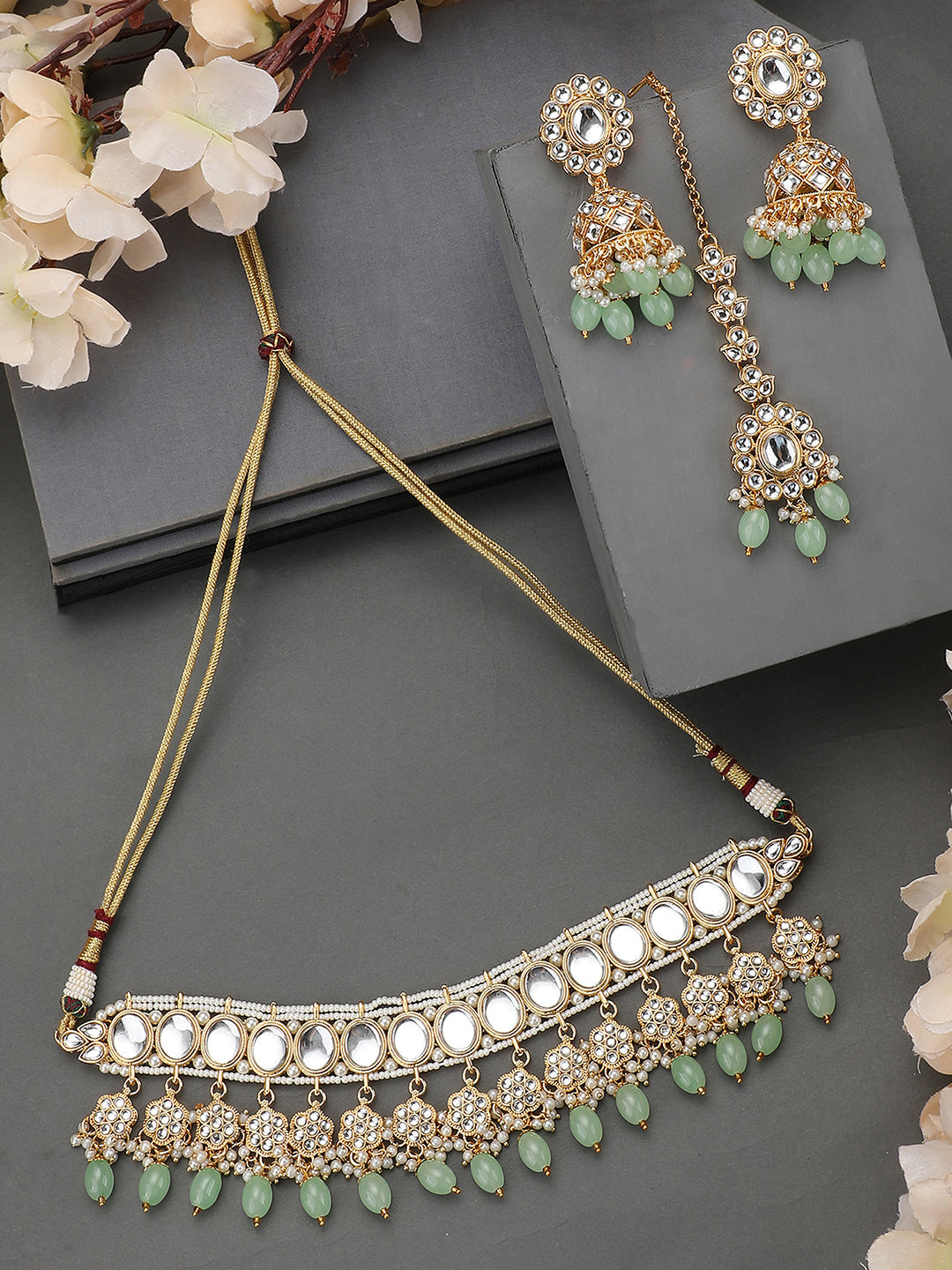Women's Traditional Sea Green Kundan Stone Brass Choker Set