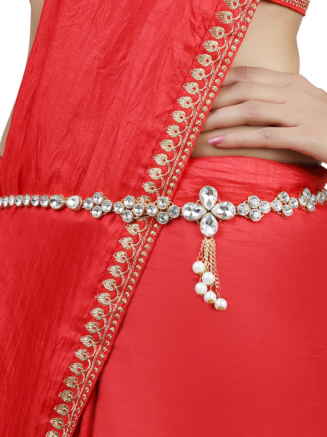 Women's Gold-Plated & White Kundan Studded & Beaded Traditional Kamarbandh