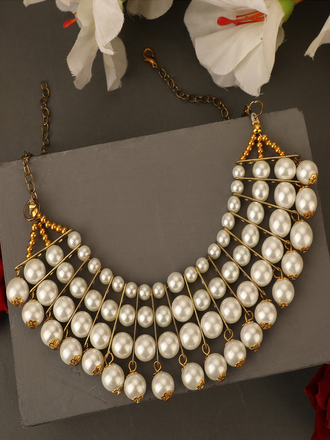 Women's Designer White Bead Stacked Gold-Plated Collar Necklace
