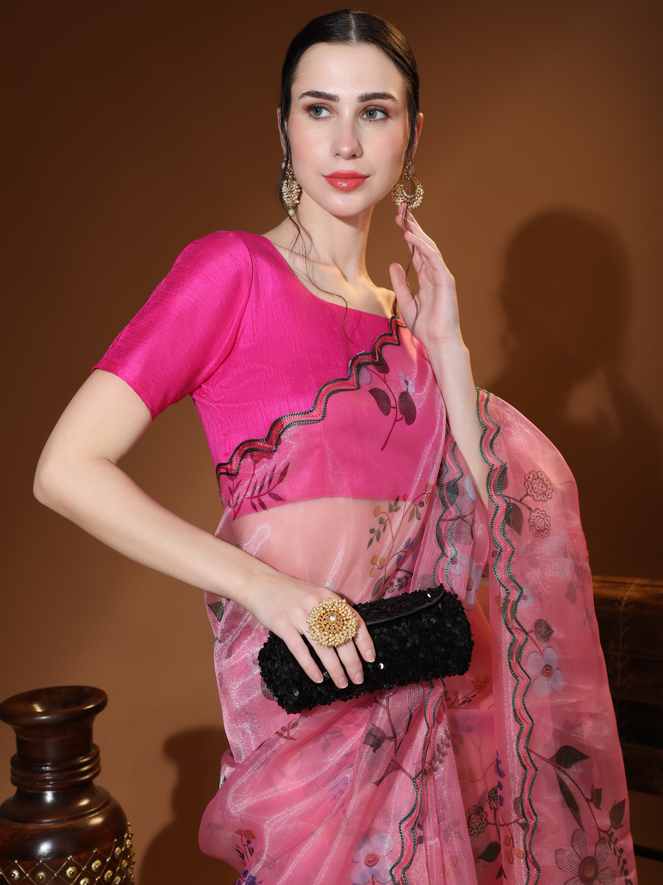 Women's Pink Party Wear Organza Saree Cutwork Border - Vamsee