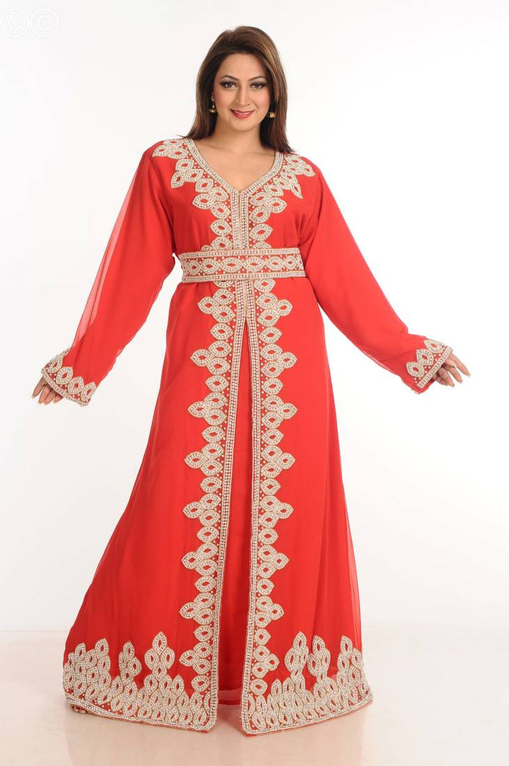 Women's Red Georgette  Animal Print Kaftan