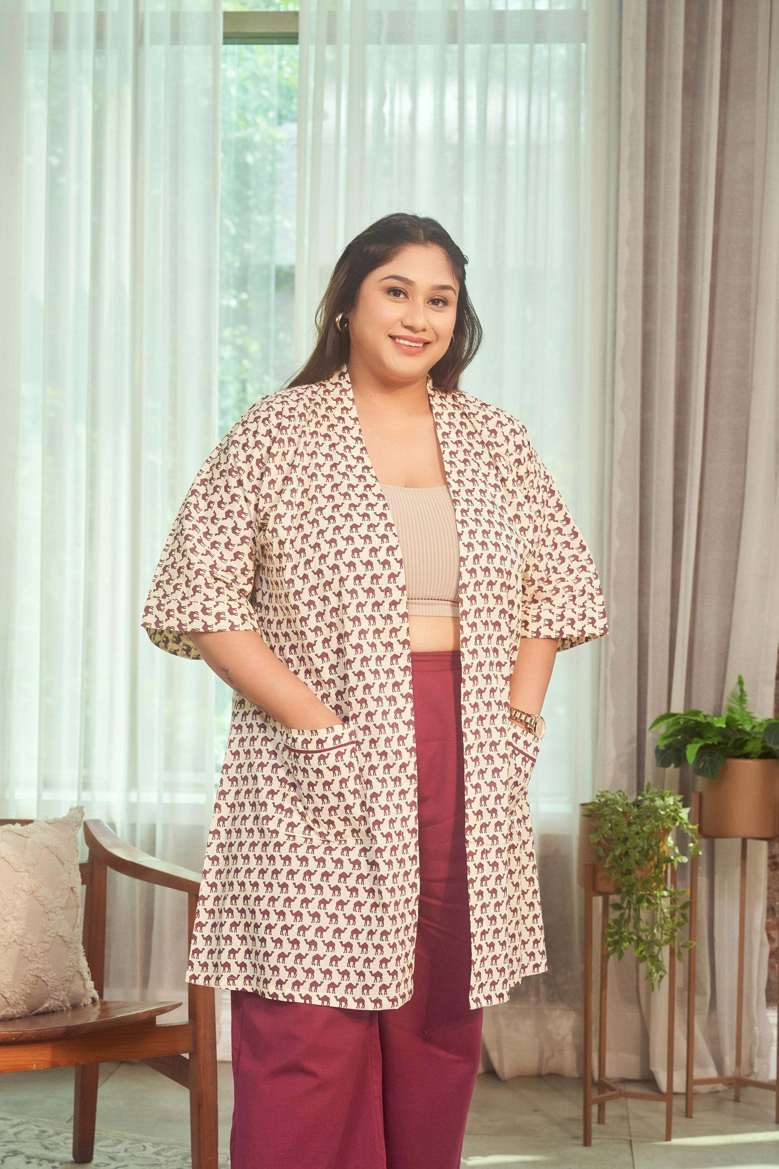 Women's Camel Print  Jacket Culotte Set (Set Of 2) - Nangalia Ruchira