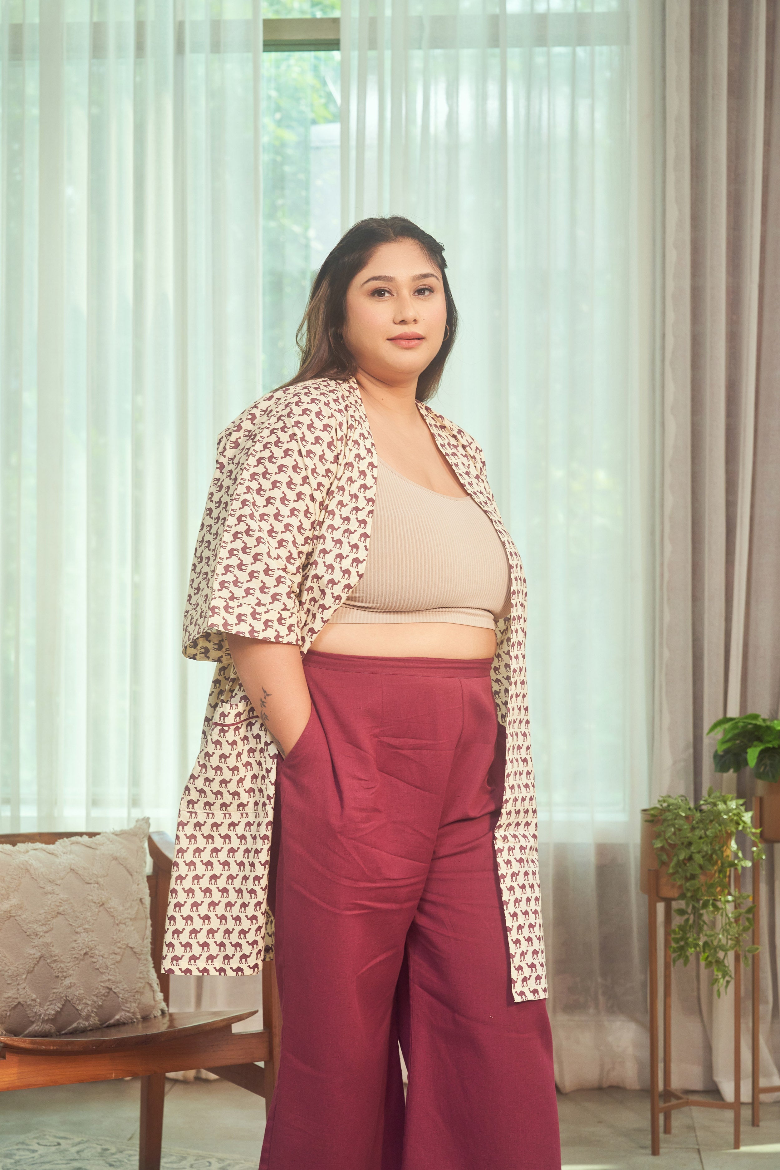 Women's Camel Print  Jacket Culotte Set (Set Of 2) - Nangalia Ruchira