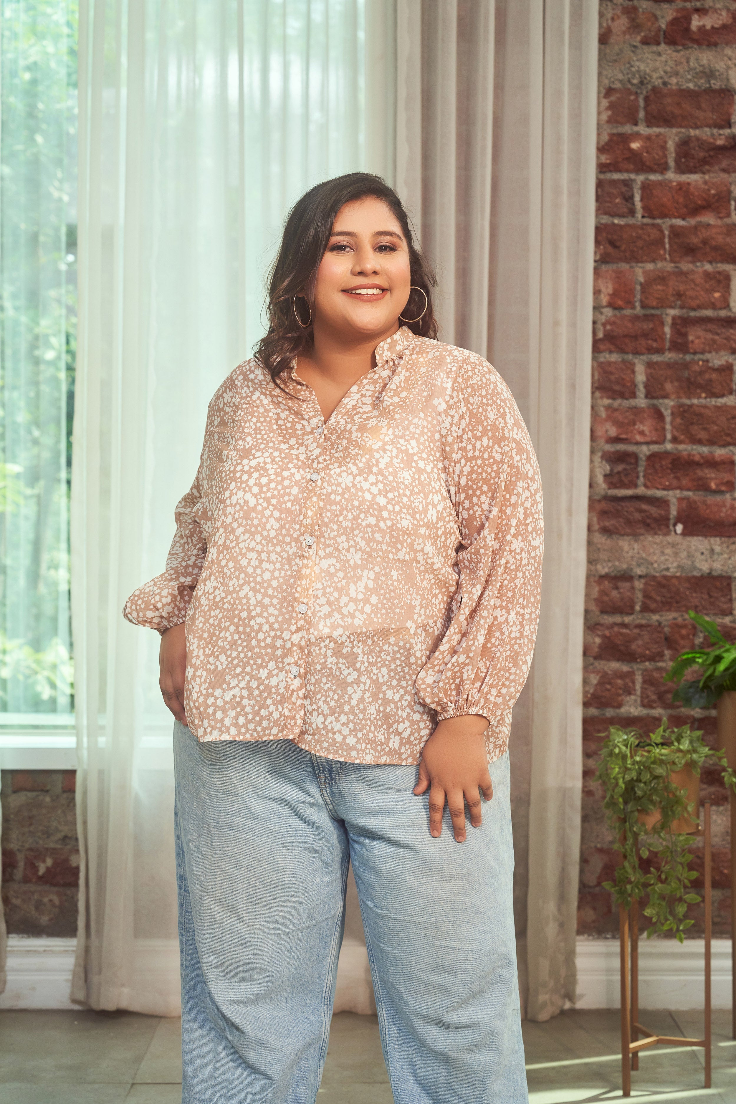 Women's Coffee Printed Collared Georgette Shirt (Only Shirt) - Nangalia Ruchira