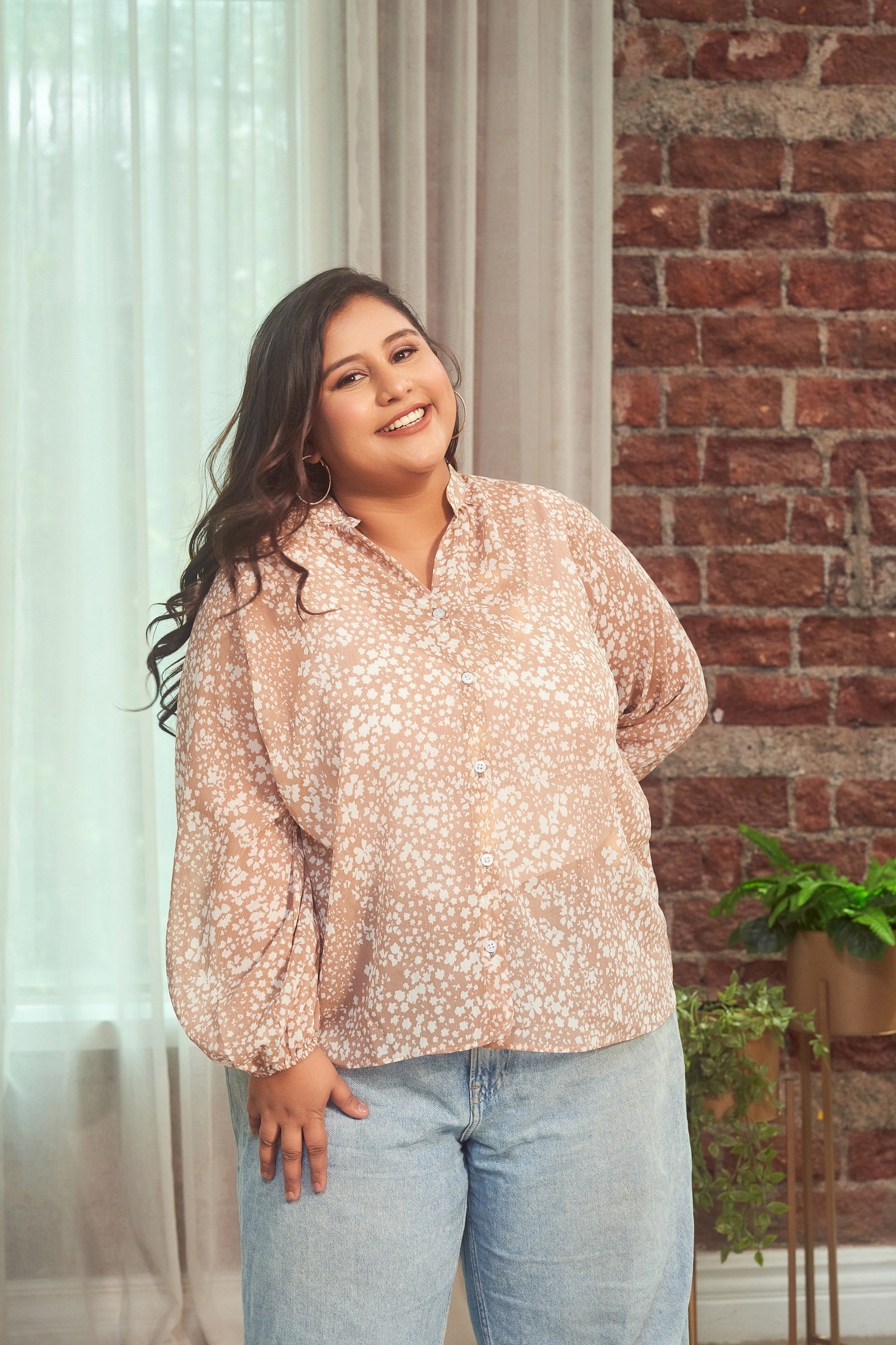 Women's Coffee Printed Collared Georgette Shirt (Only Shirt) - Nangalia Ruchira