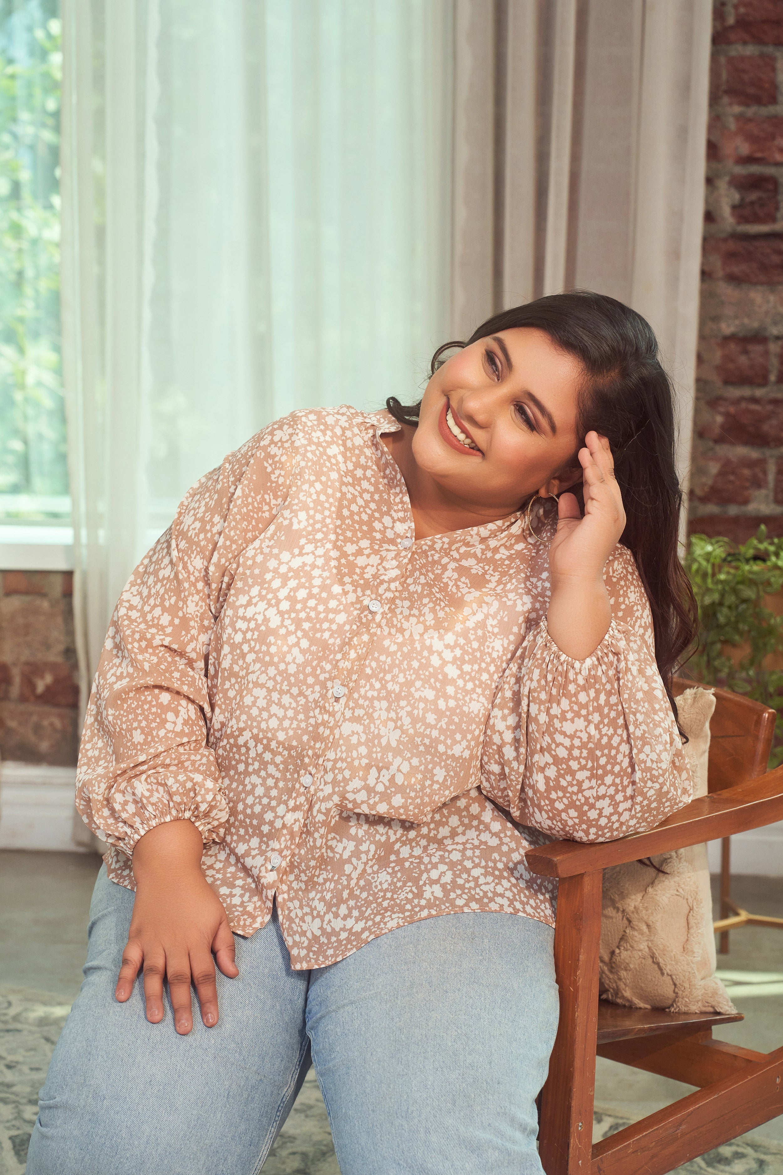 Women's Coffee Printed Collared Georgette Shirt (Only Shirt) - Nangalia Ruchira