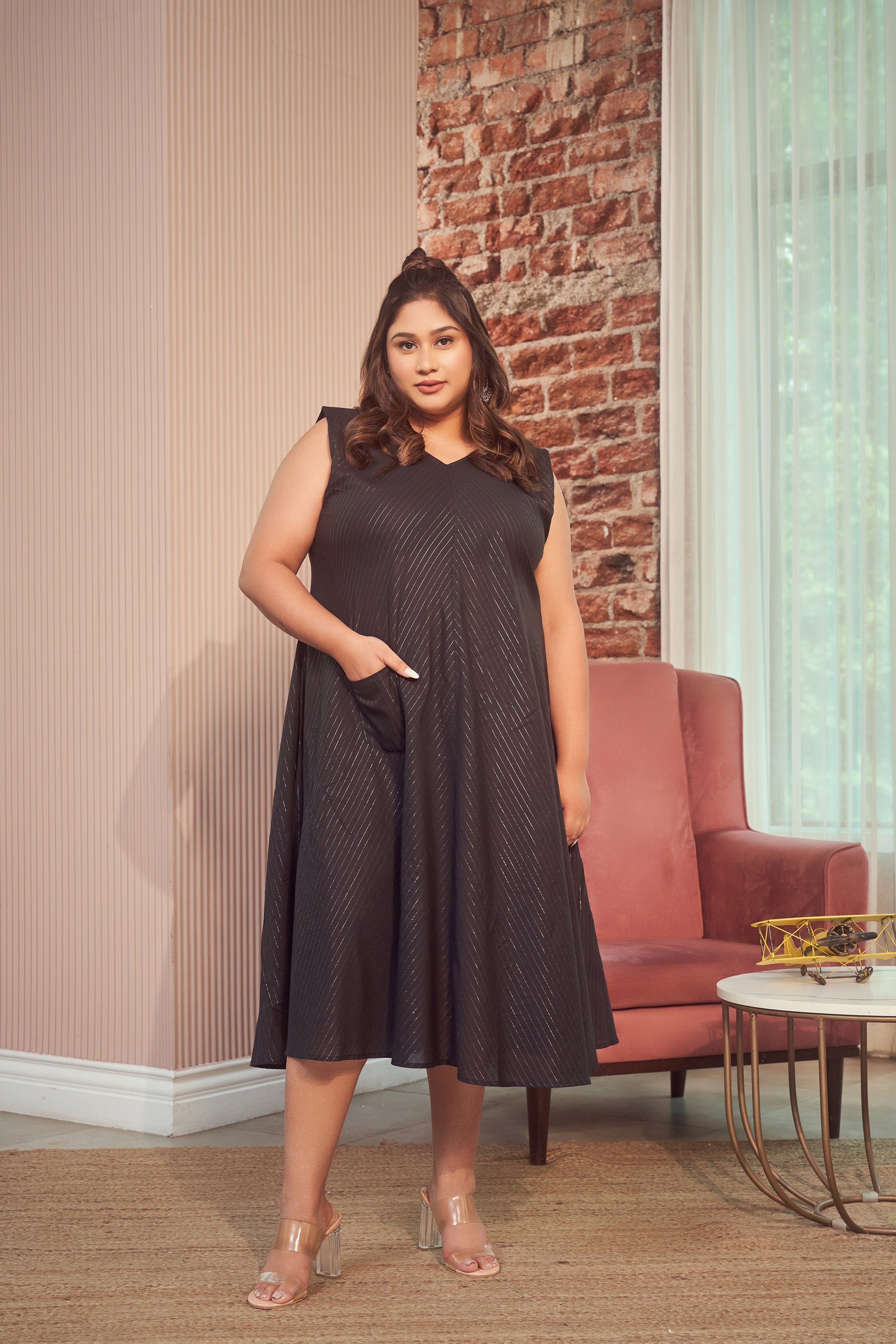 Women's Black Cotton Lurex Maxi Anti Fit Dress - Nangalia Ruchira