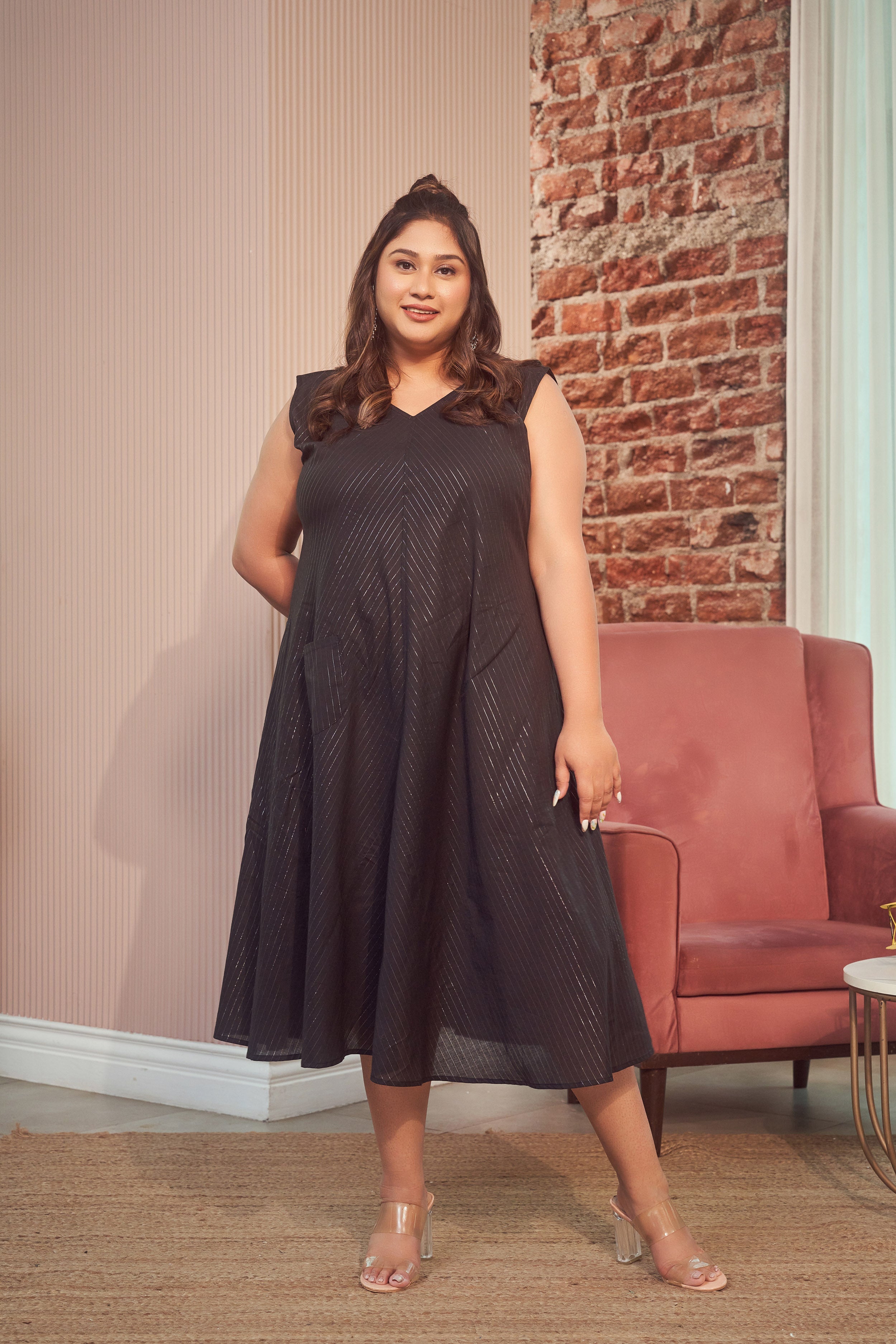 Women's Black Cotton Lurex Maxi Anti Fit Dress - Nangalia Ruchira