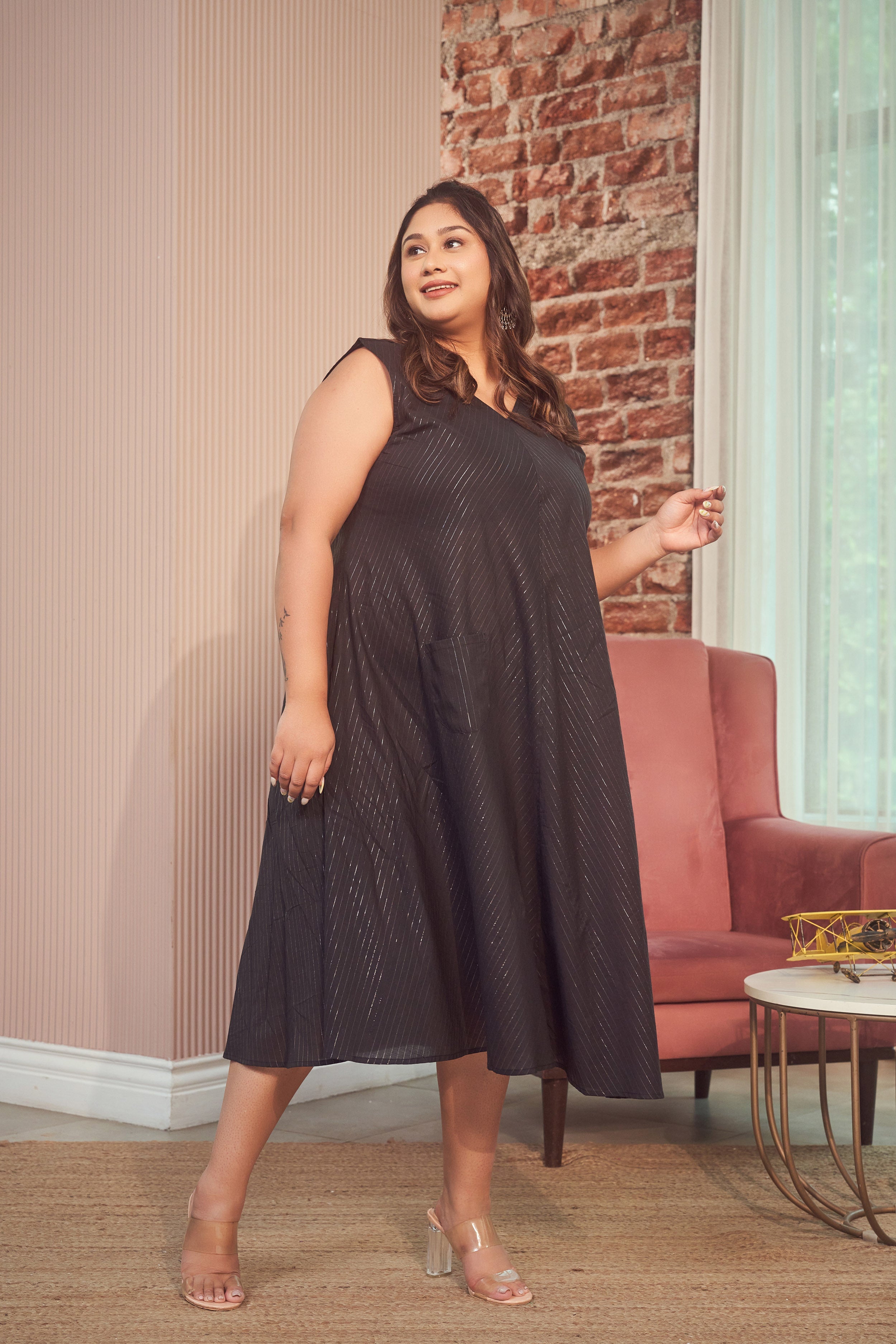 Women's Black Cotton Lurex Maxi Anti Fit Dress - Nangalia Ruchira
