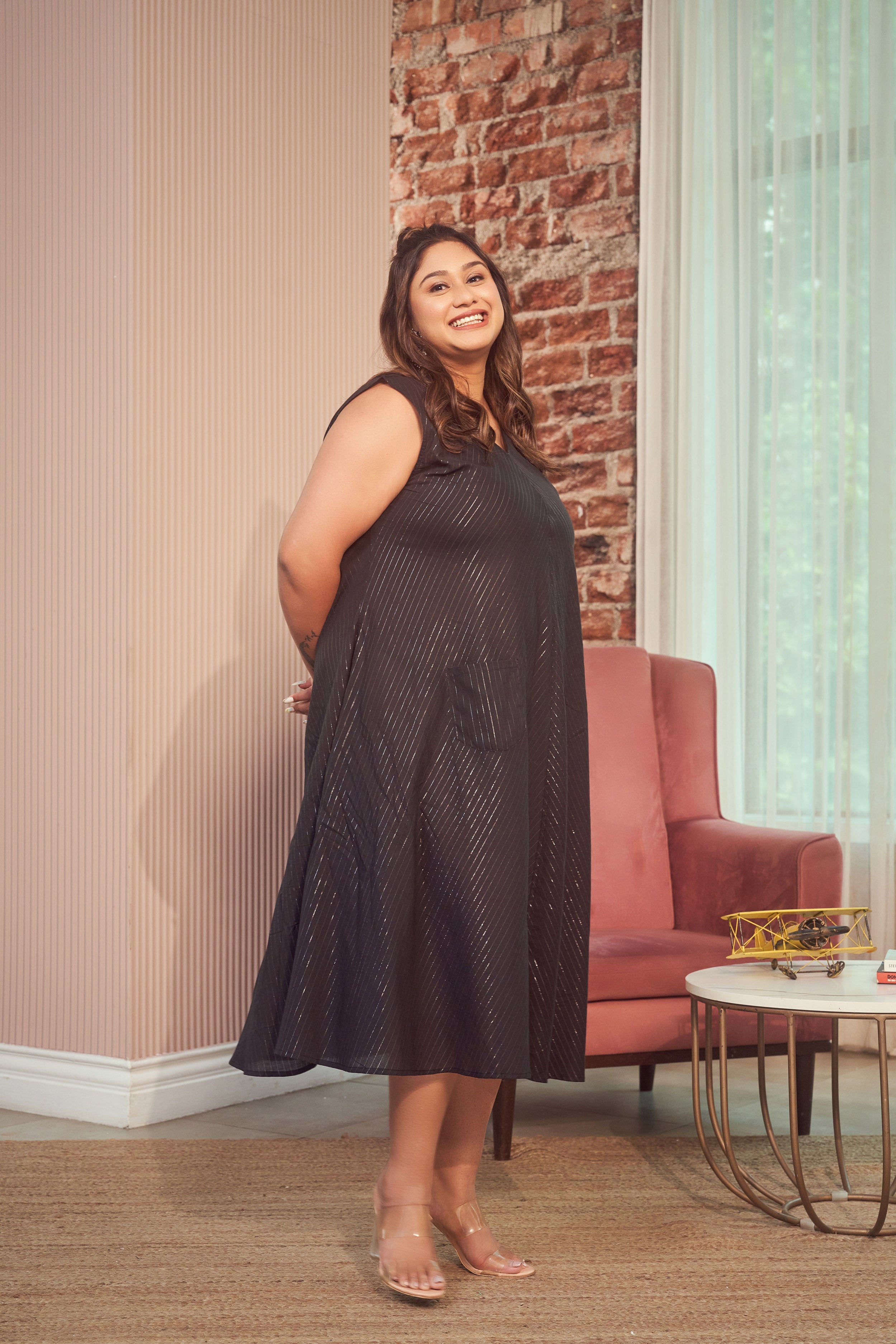 Women's Black Cotton Lurex Maxi Anti Fit Dress - Nangalia Ruchira