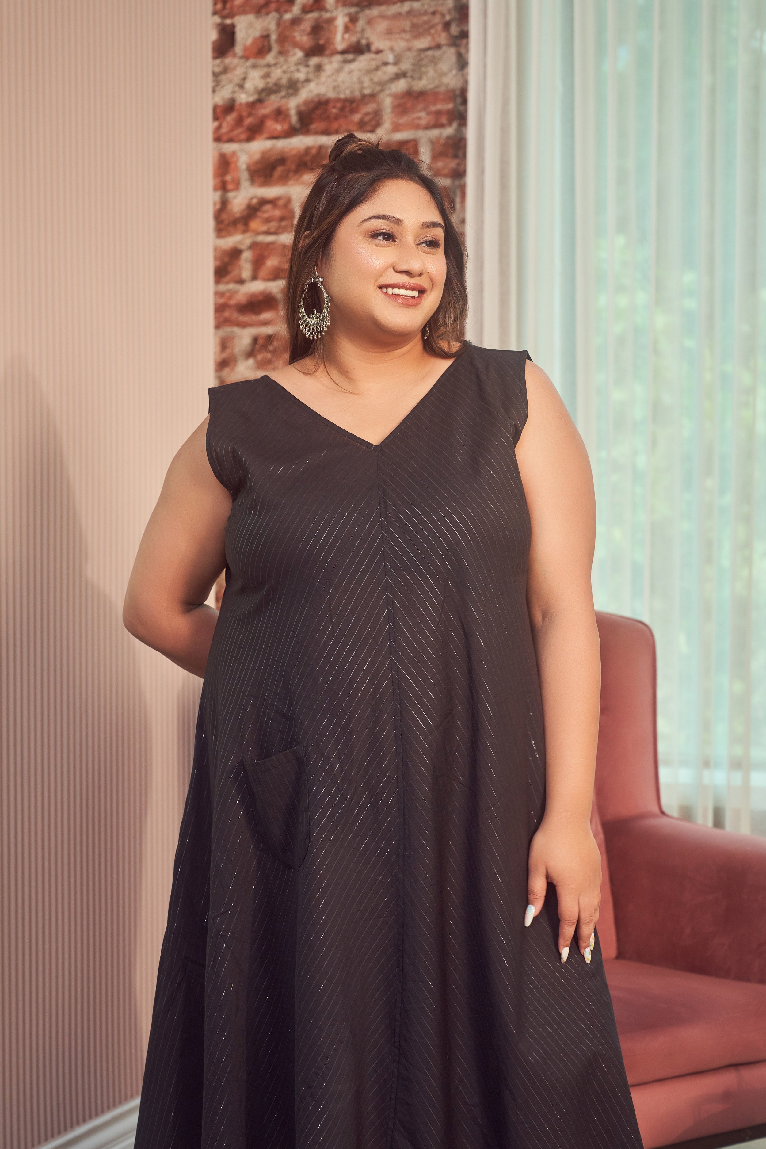 Women's Black Cotton Lurex Maxi Anti Fit Dress - Nangalia Ruchira