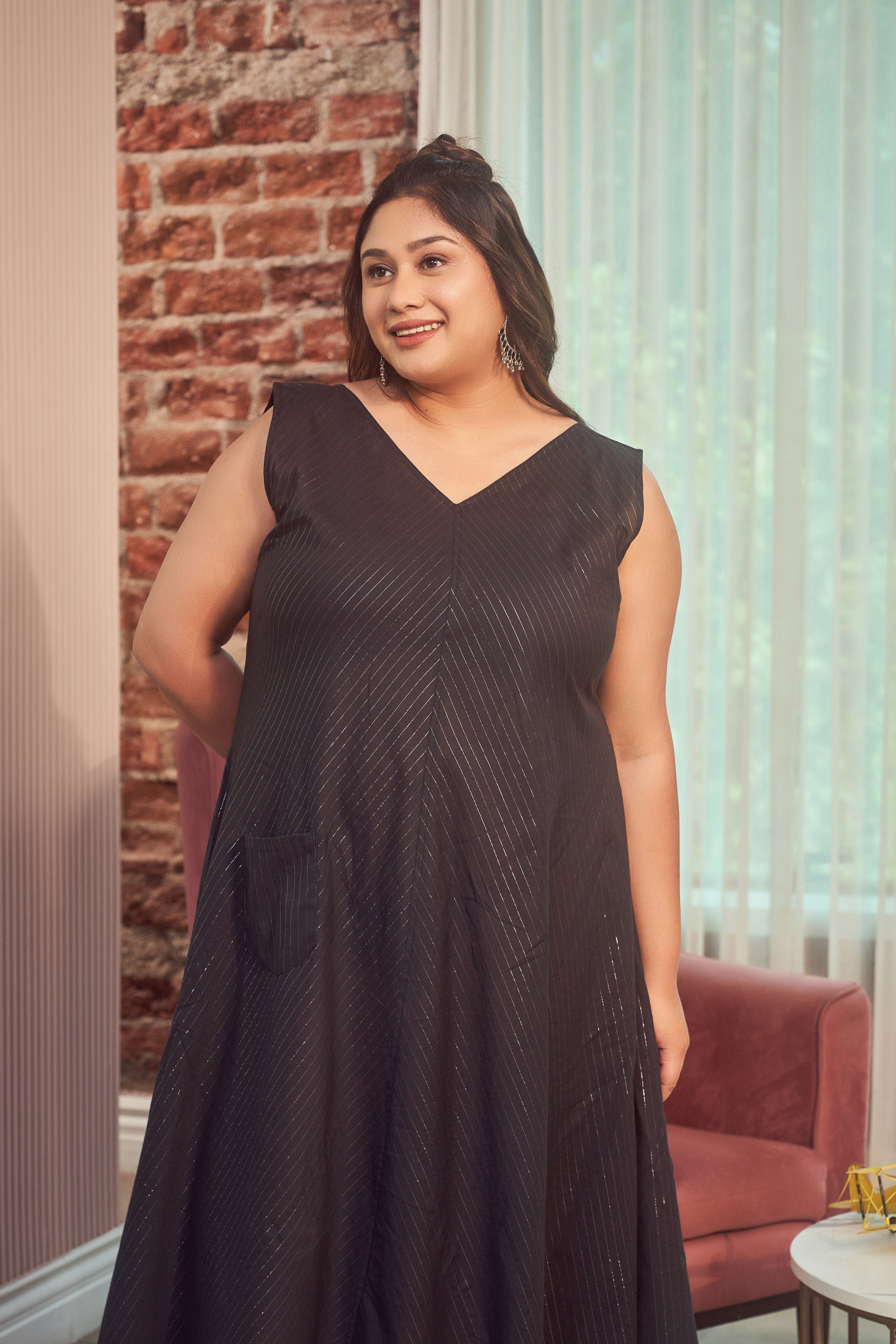 Women's Black Cotton Lurex Maxi Anti Fit Dress - Nangalia Ruchira