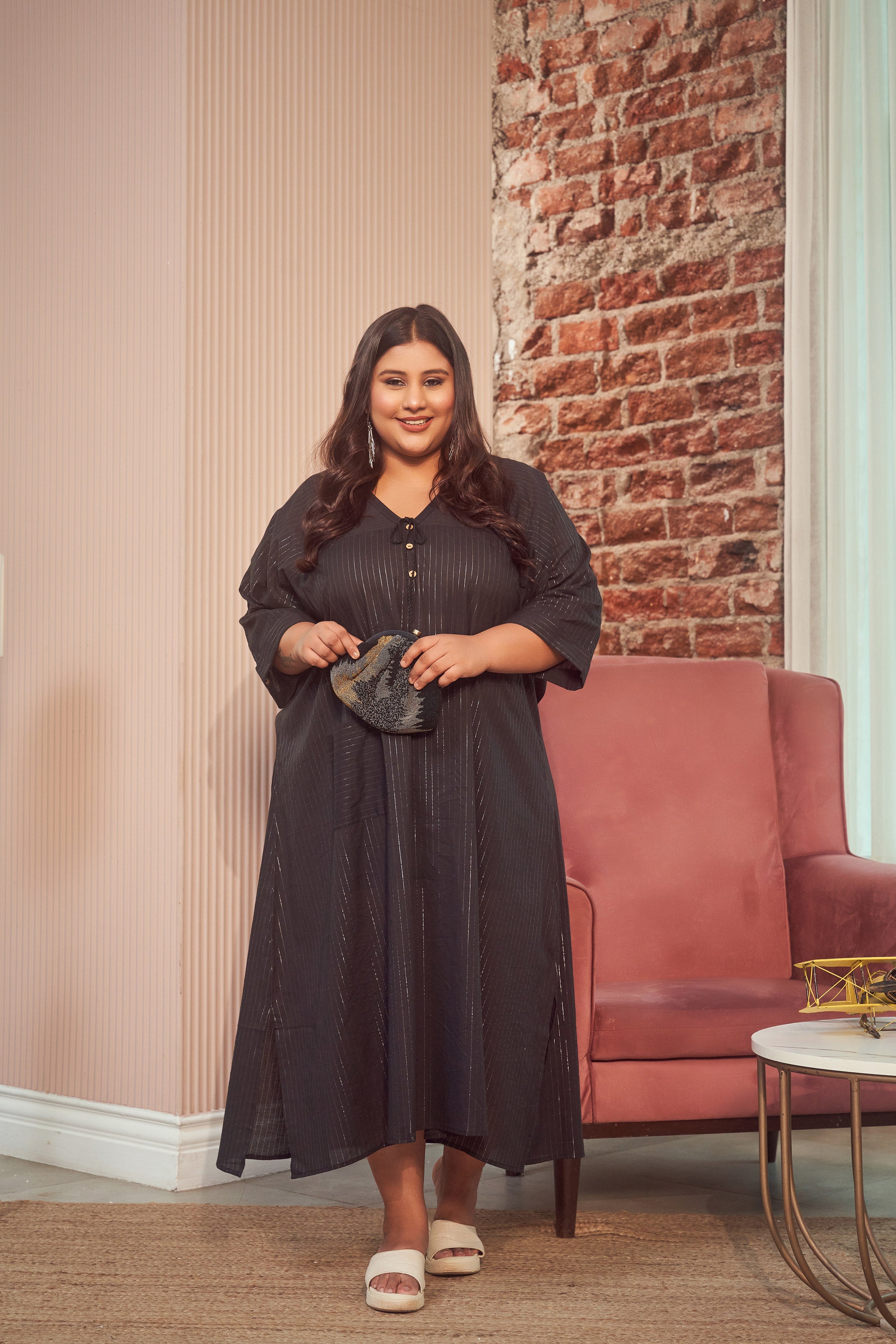 Women's Black Cotton Lurex Silver Maxi Dress - Nangalia Ruchira
