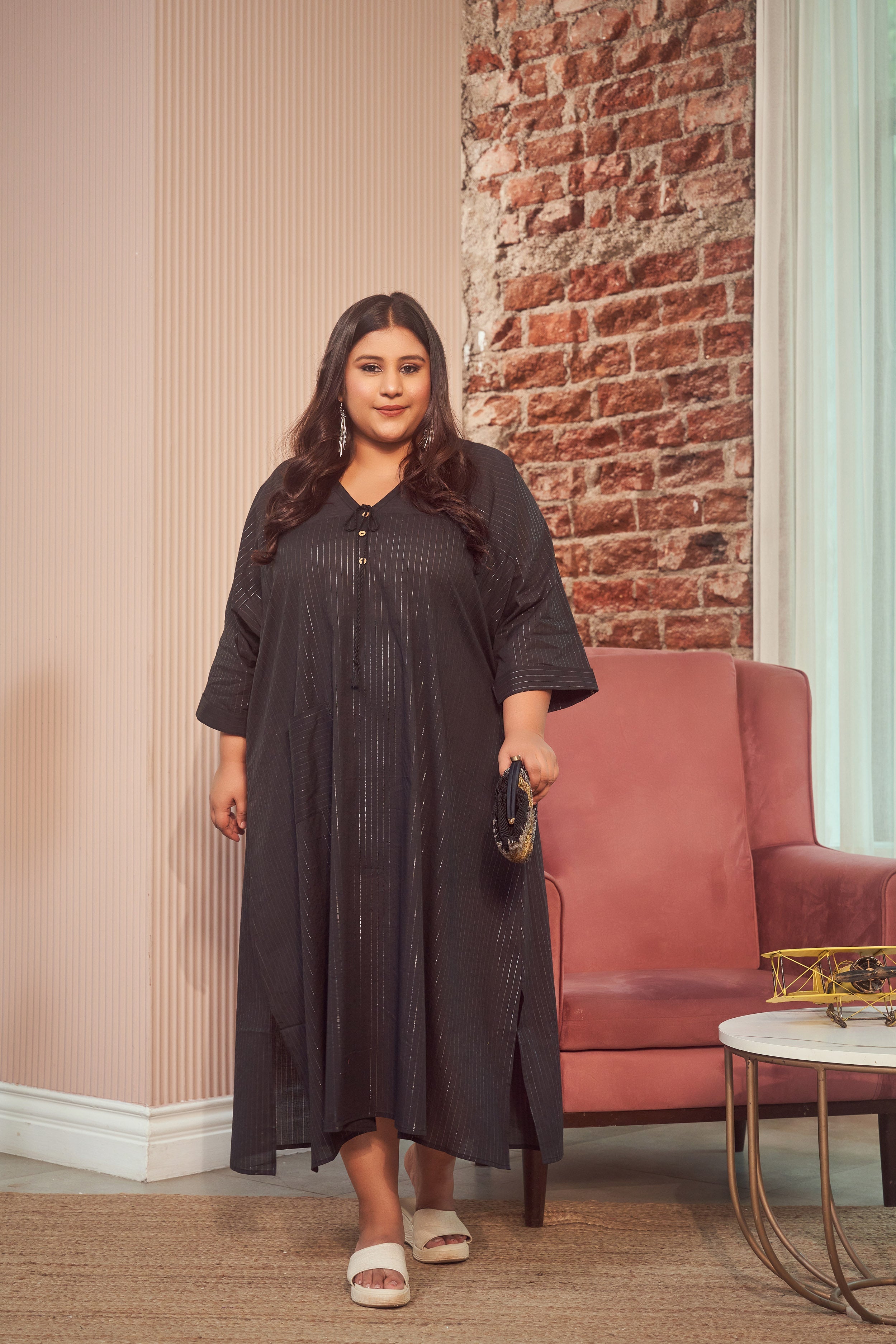 Women's Black Cotton Lurex Silver Maxi Dress - Nangalia Ruchira