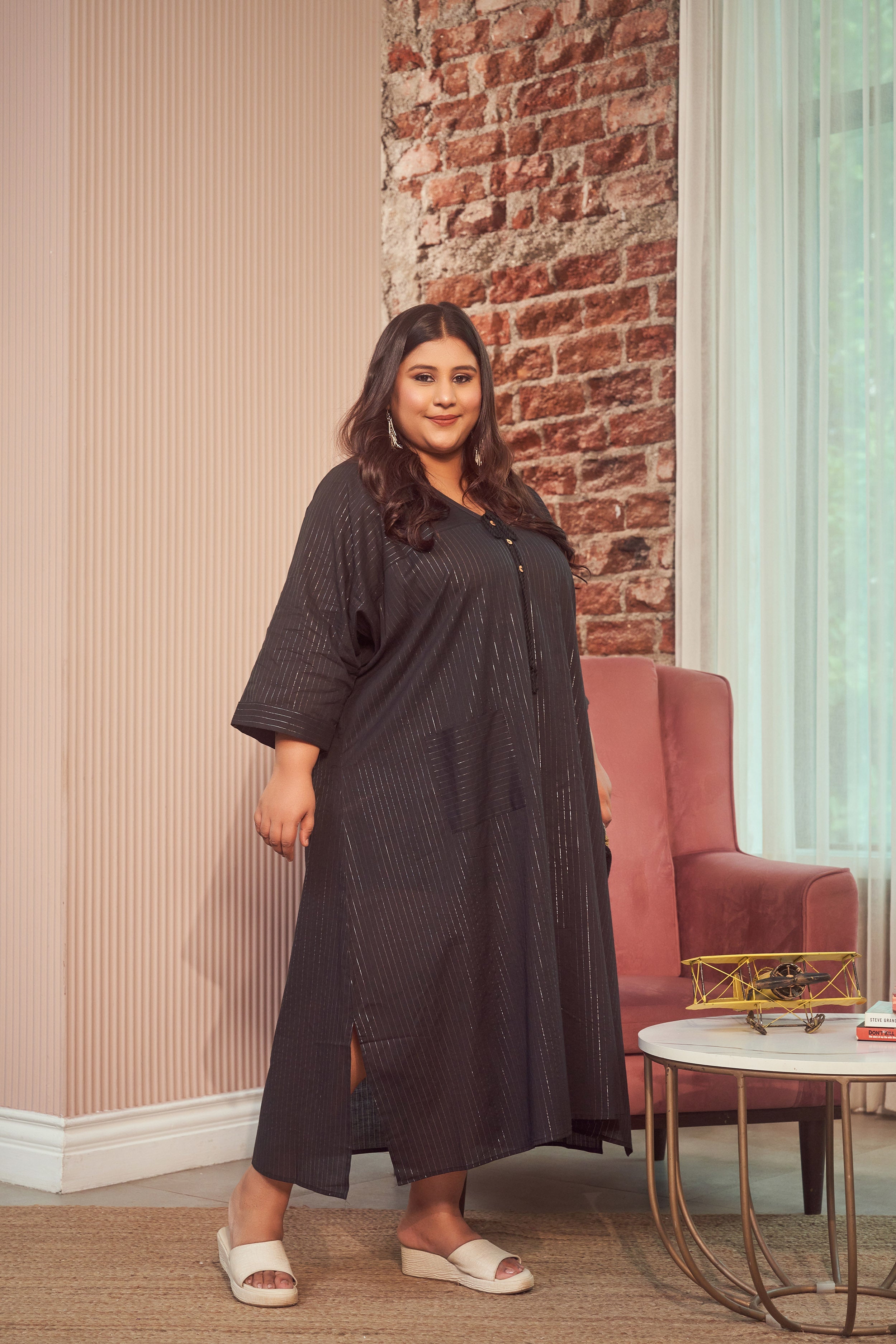 Women's Black Cotton Lurex Silver Maxi Dress - Nangalia Ruchira