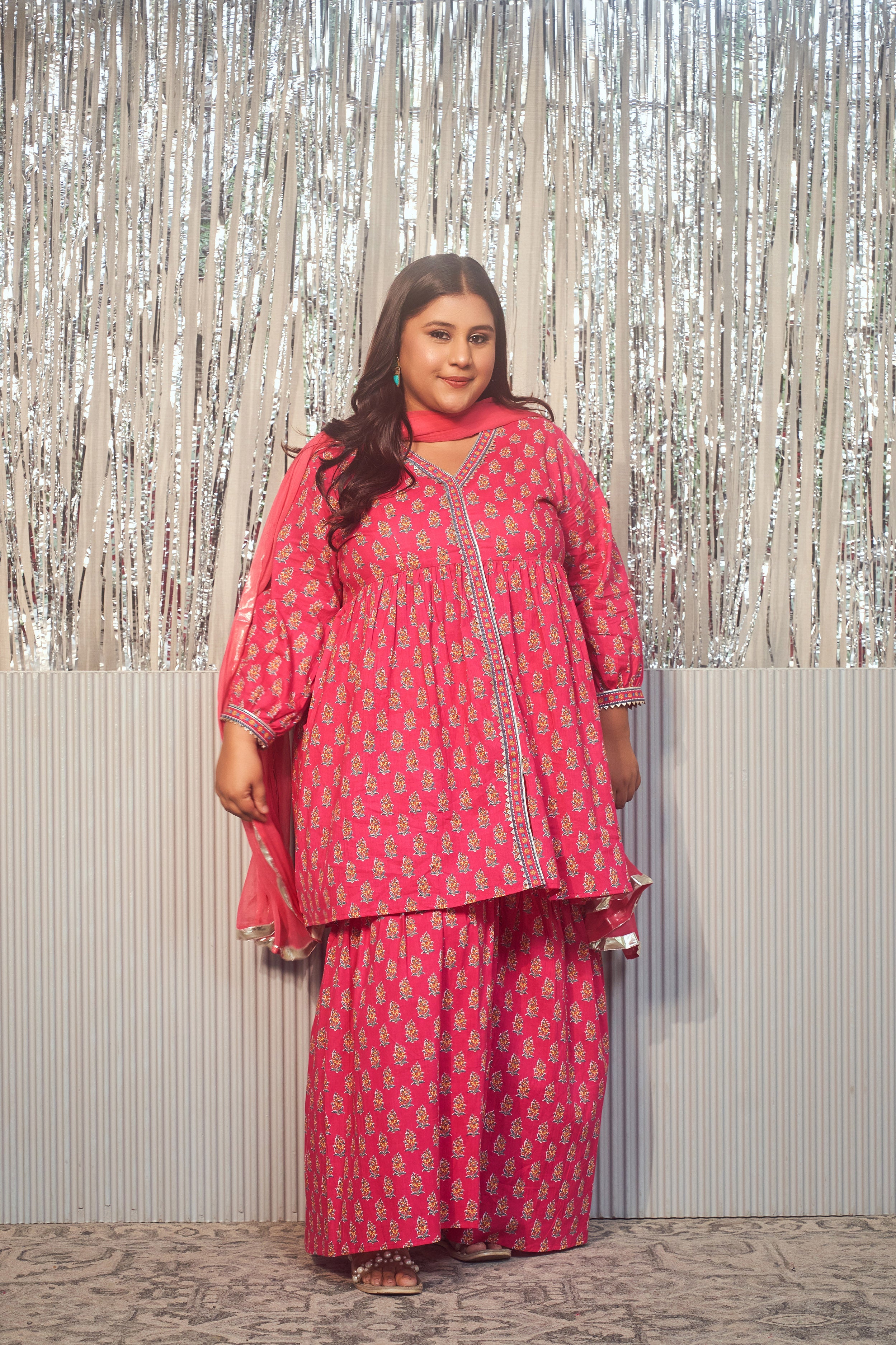 Women's Pink Printed Cotton V-Neck Gota Sharara Set -(Set Of 3) - Nangalia Ruchira
