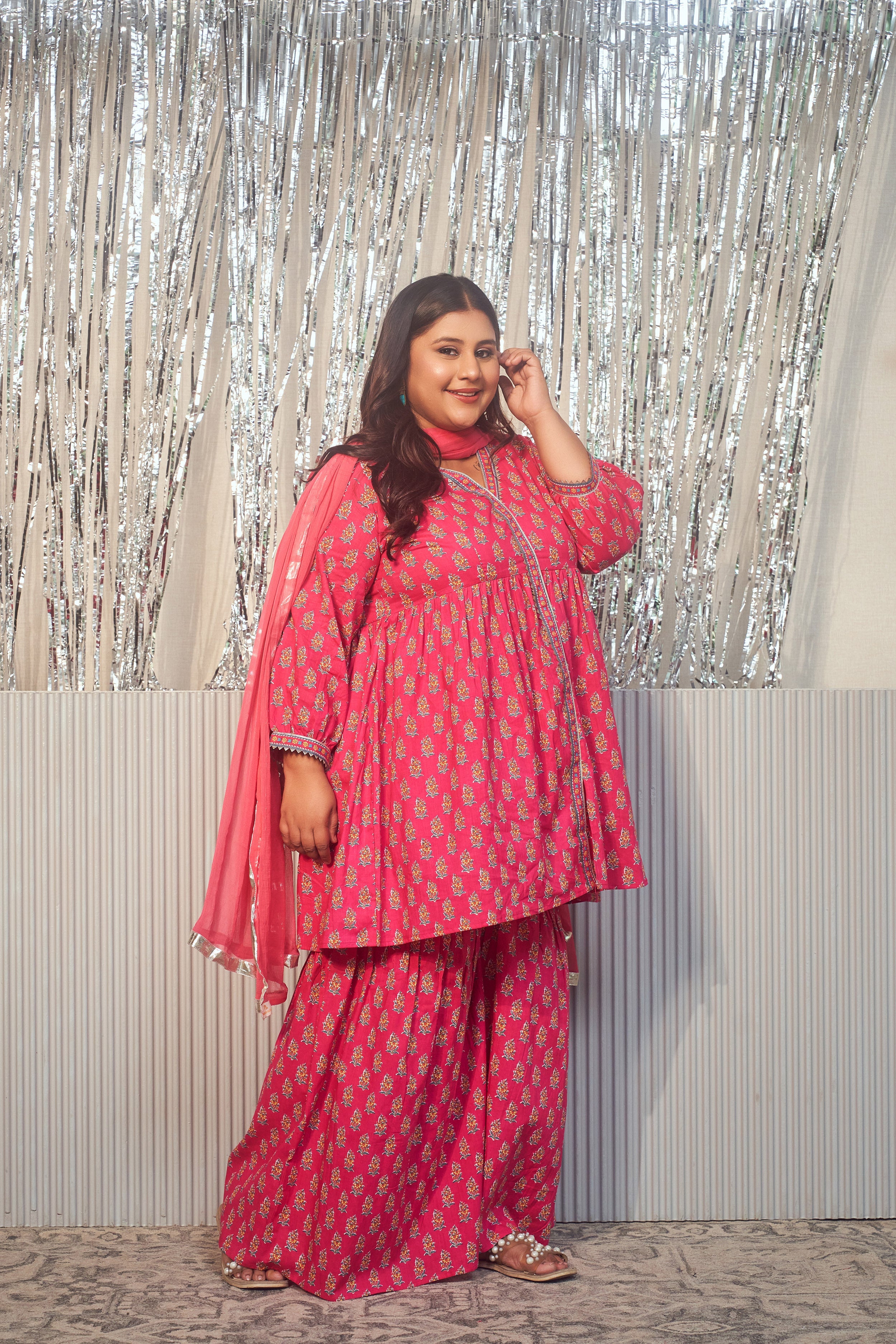 Women's Pink Printed Cotton V-Neck Gota Sharara Set -(Set Of 3) - Nangalia Ruchira