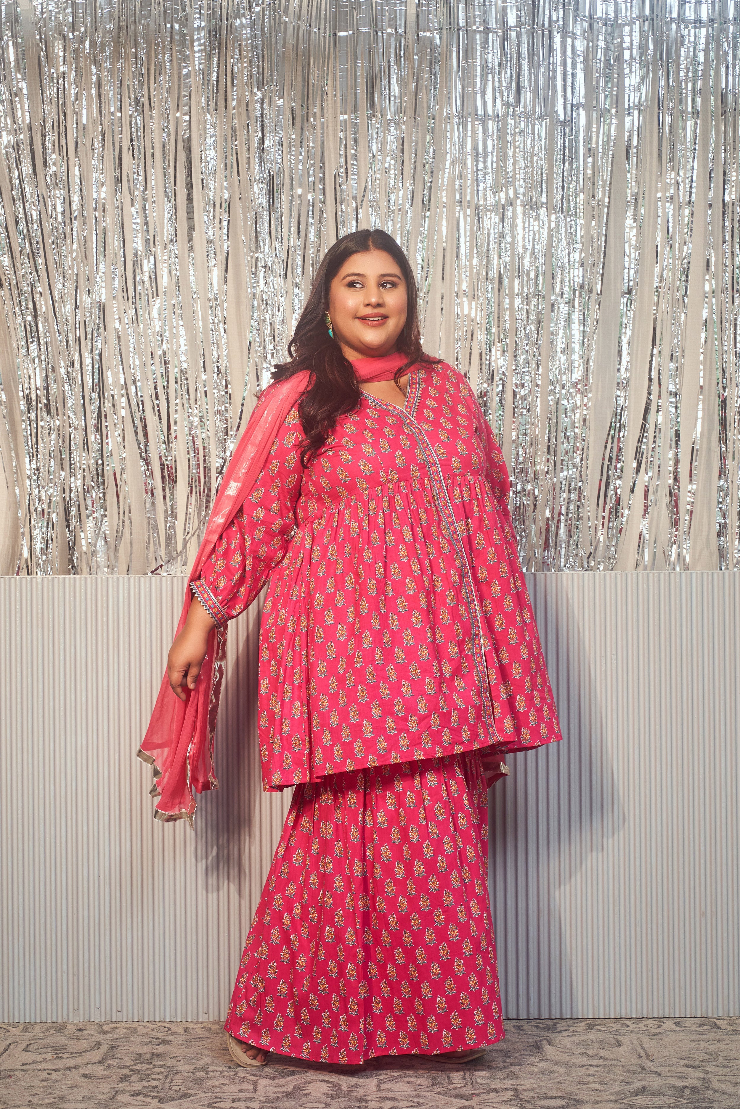 Women's Pink Printed Cotton V-Neck Gota Sharara Set -(Set Of 3) - Nangalia Ruchira
