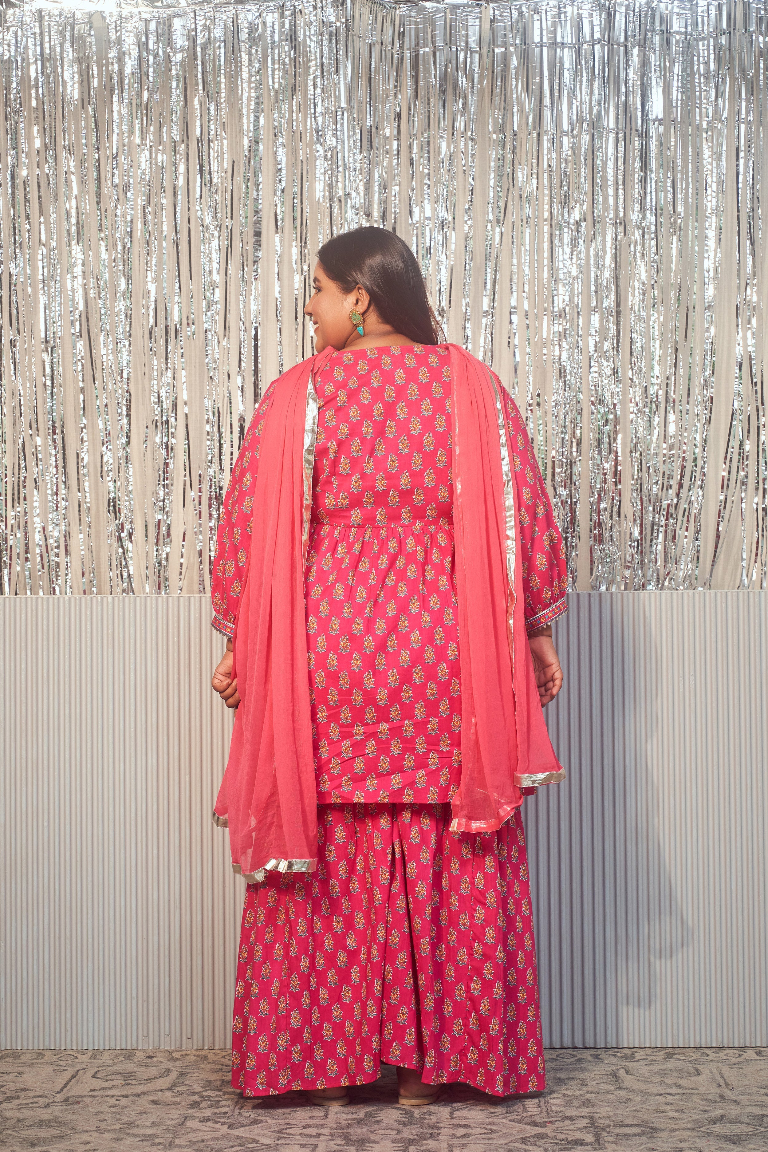 Women's Pink Printed Cotton V-Neck Gota Sharara Set -(Set Of 3) - Nangalia Ruchira