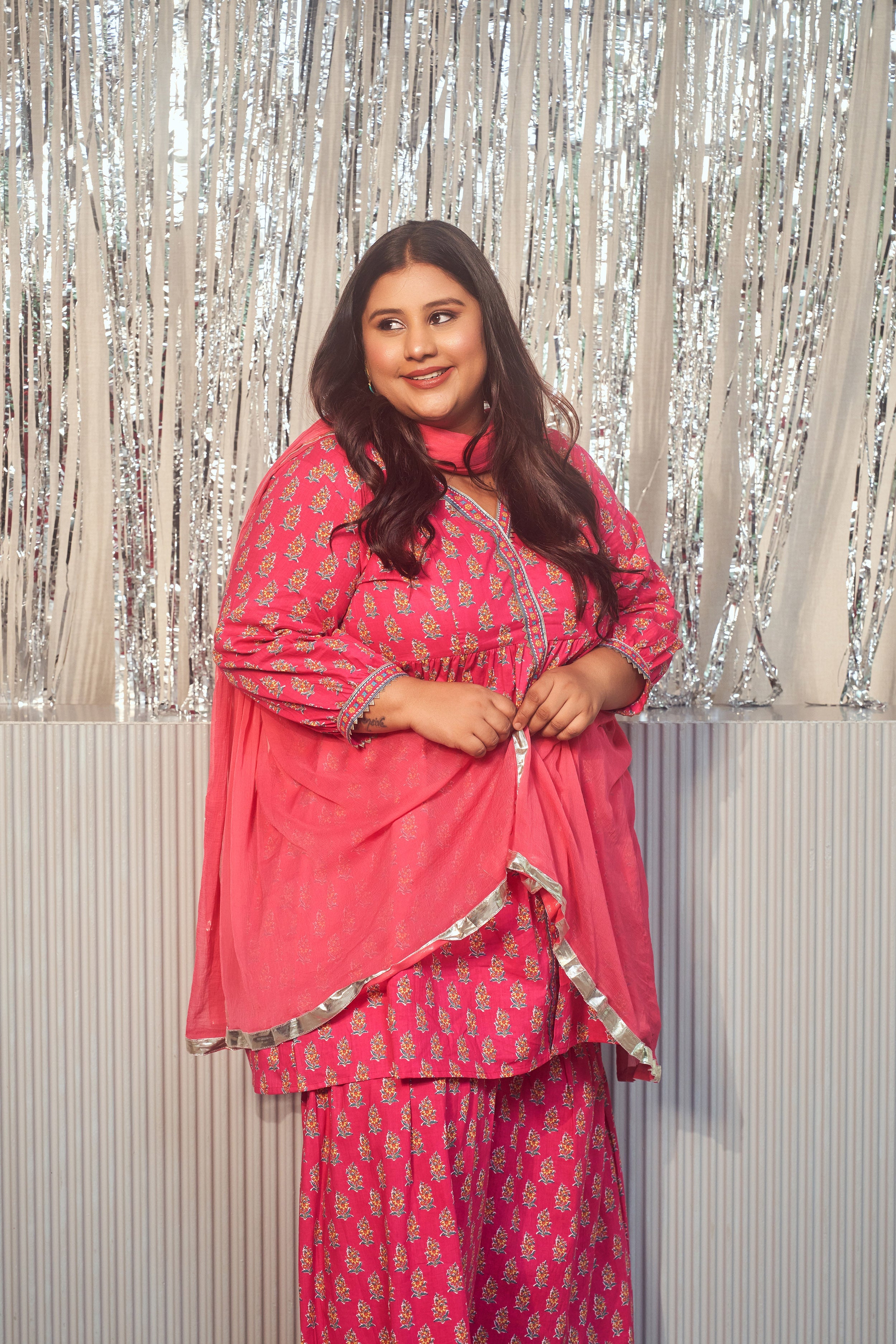 Women's Pink Printed Cotton V-Neck Gota Sharara Set -(Set Of 3) - Nangalia Ruchira
