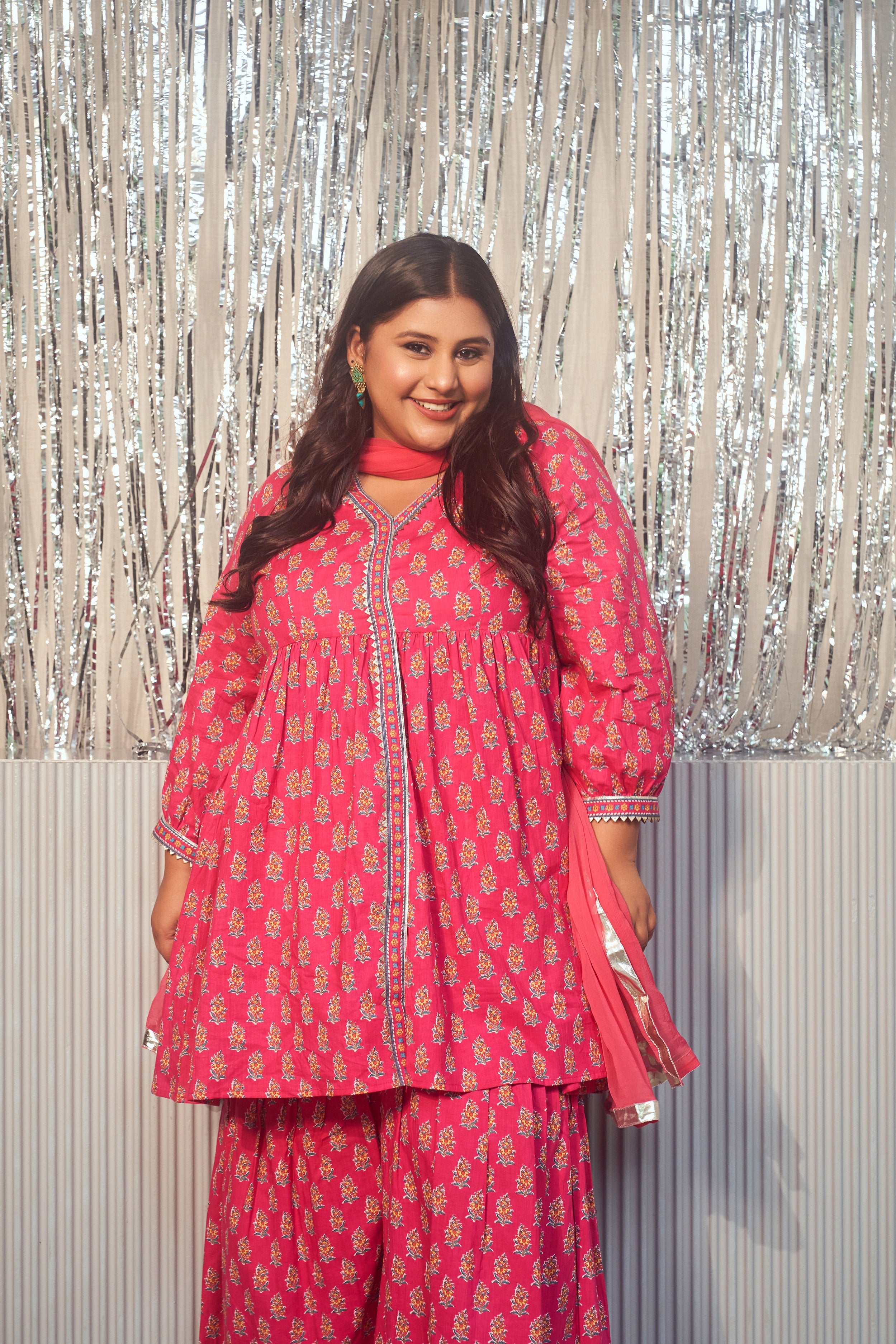 Women's Pink Printed Cotton V-Neck Gota Sharara Set -(Set Of 3) - Nangalia Ruchira