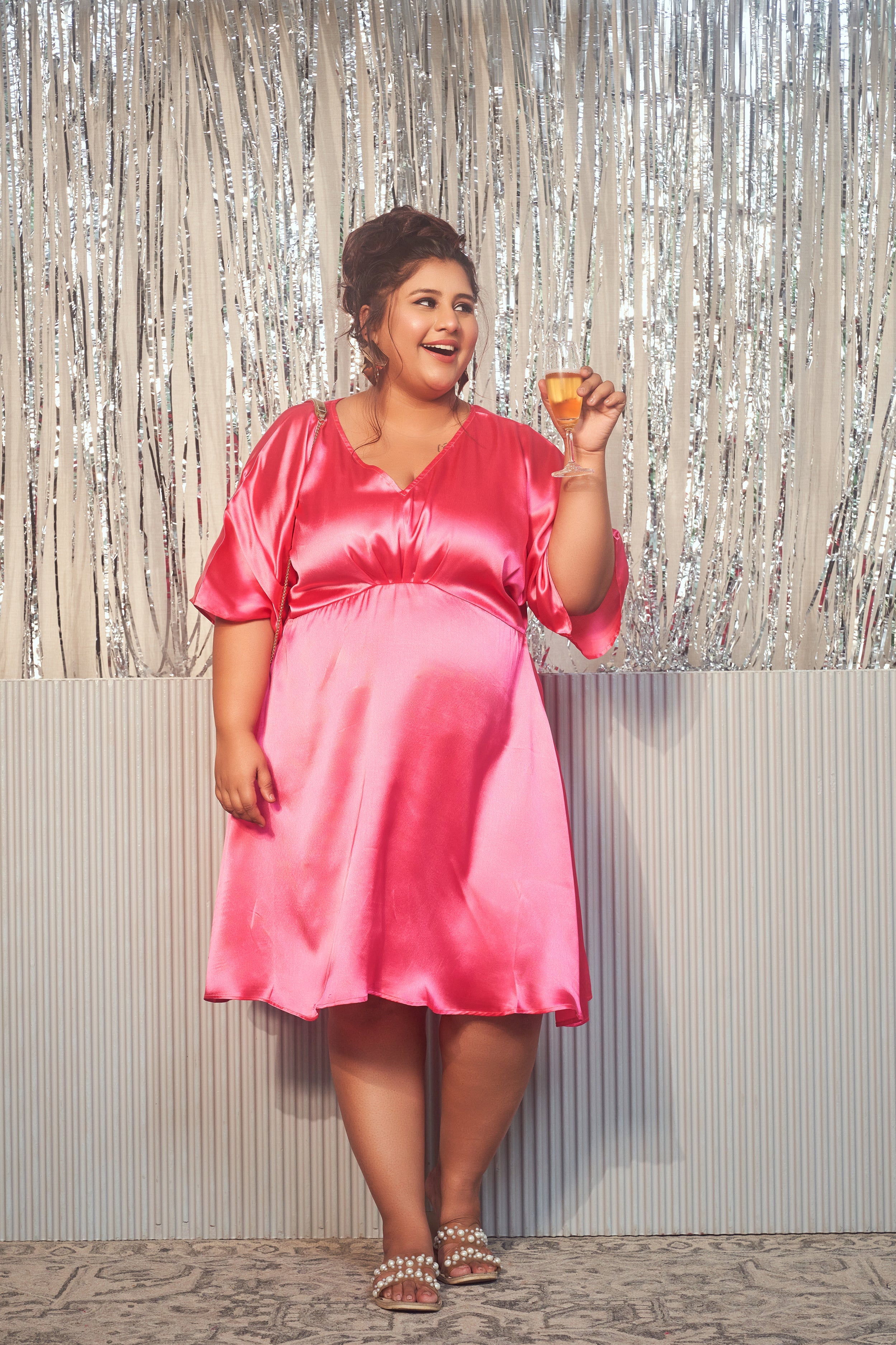 Women's Pink Satin Kimono Sleeve Dress - Nangalia Ruchira