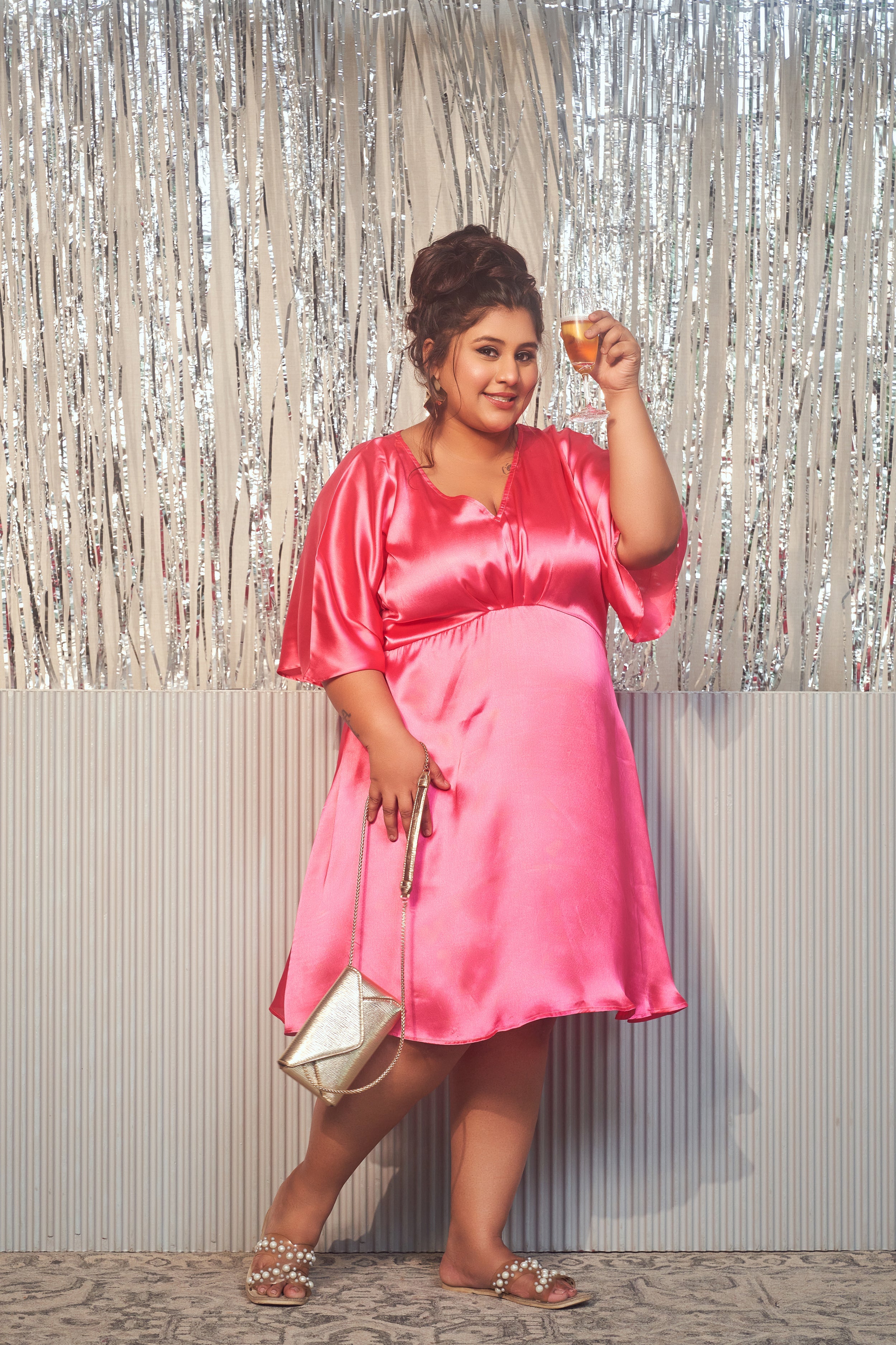 Women's Pink Satin Kimono Sleeve Dress - Nangalia Ruchira