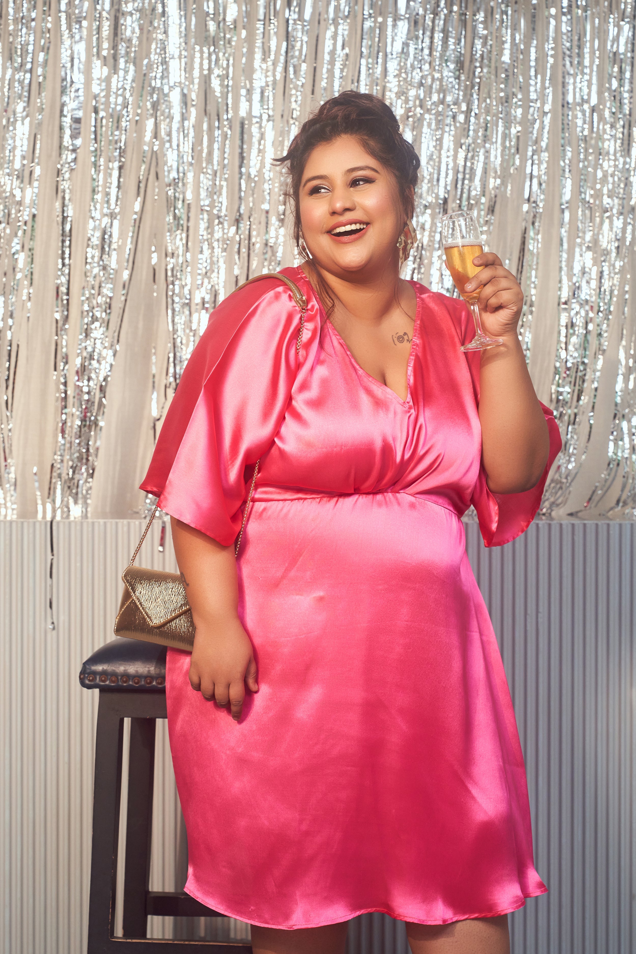 Women's Pink Satin Kimono Sleeve Dress - Nangalia Ruchira