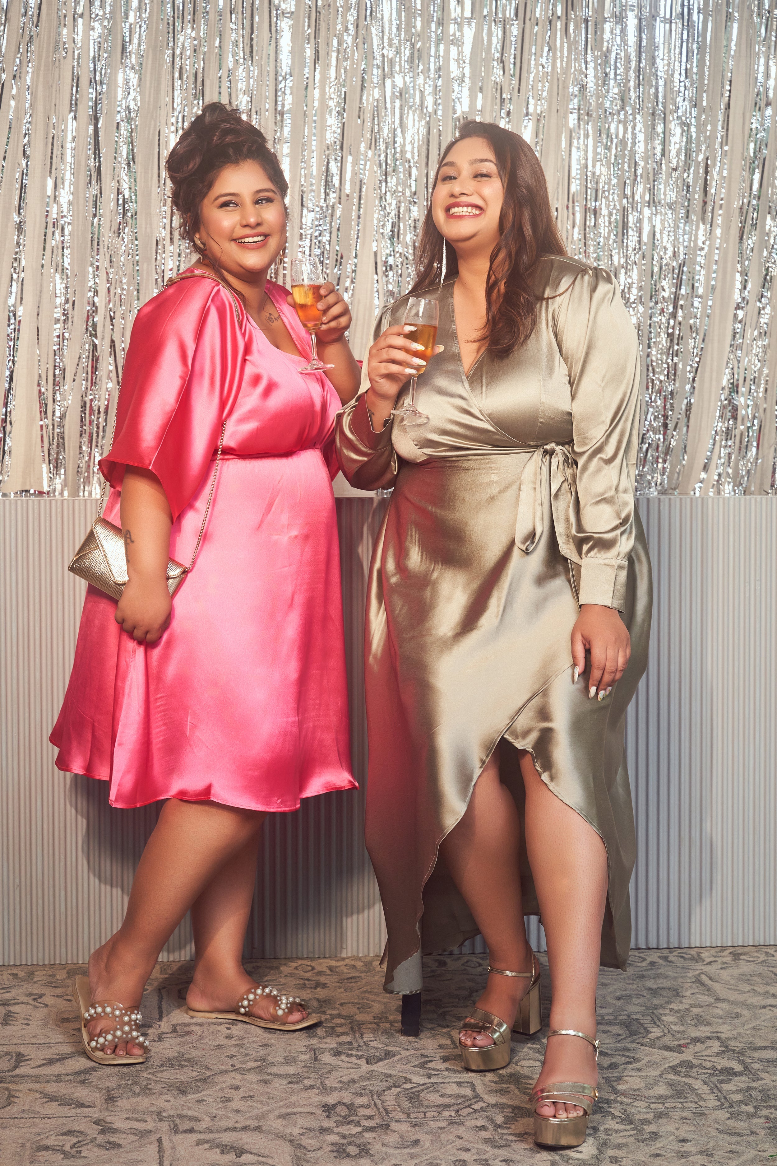 Women's Pink Satin Kimono Sleeve Dress - Nangalia Ruchira