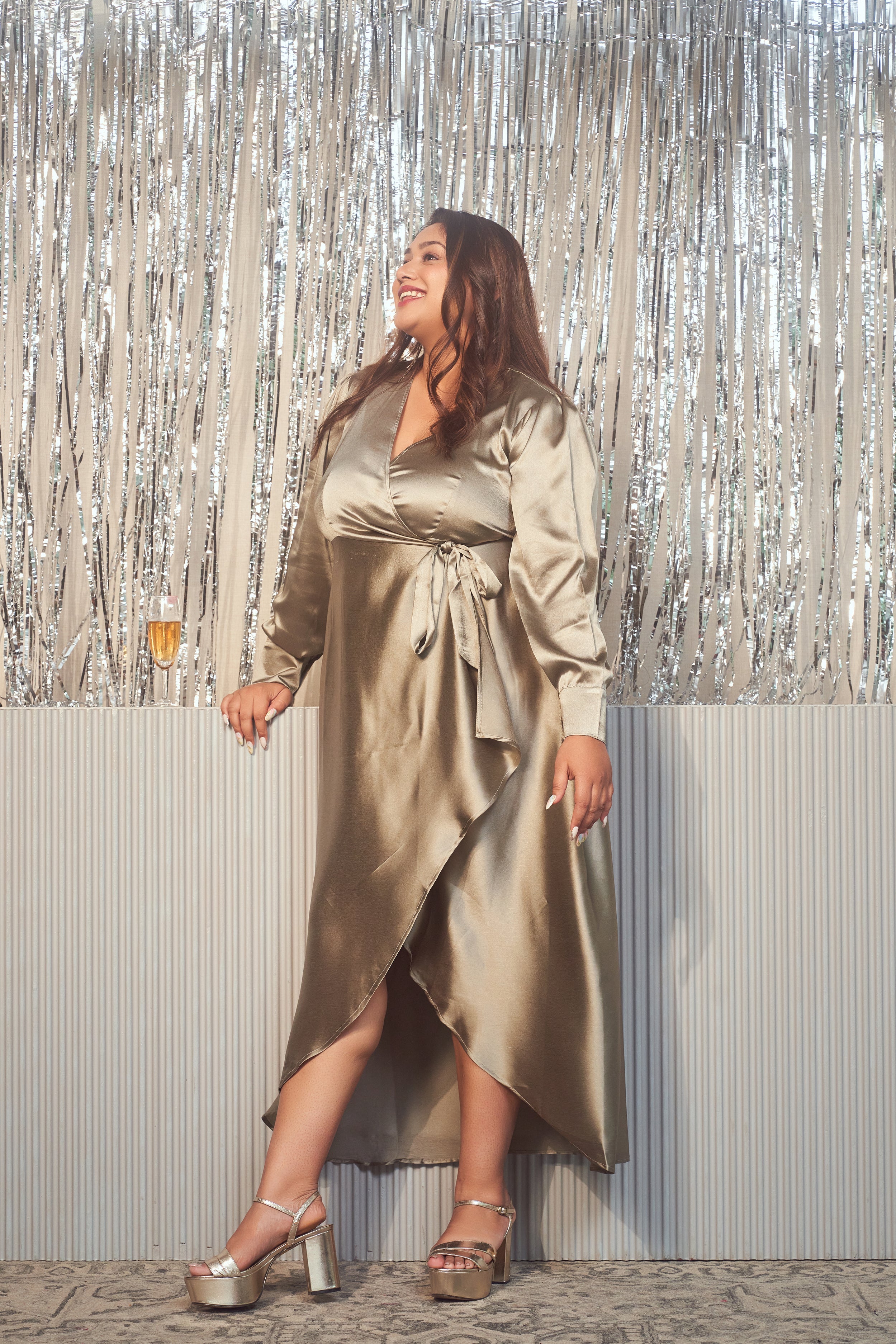 Women's Olive Satin Wrap Gown - Nangalia Ruchira