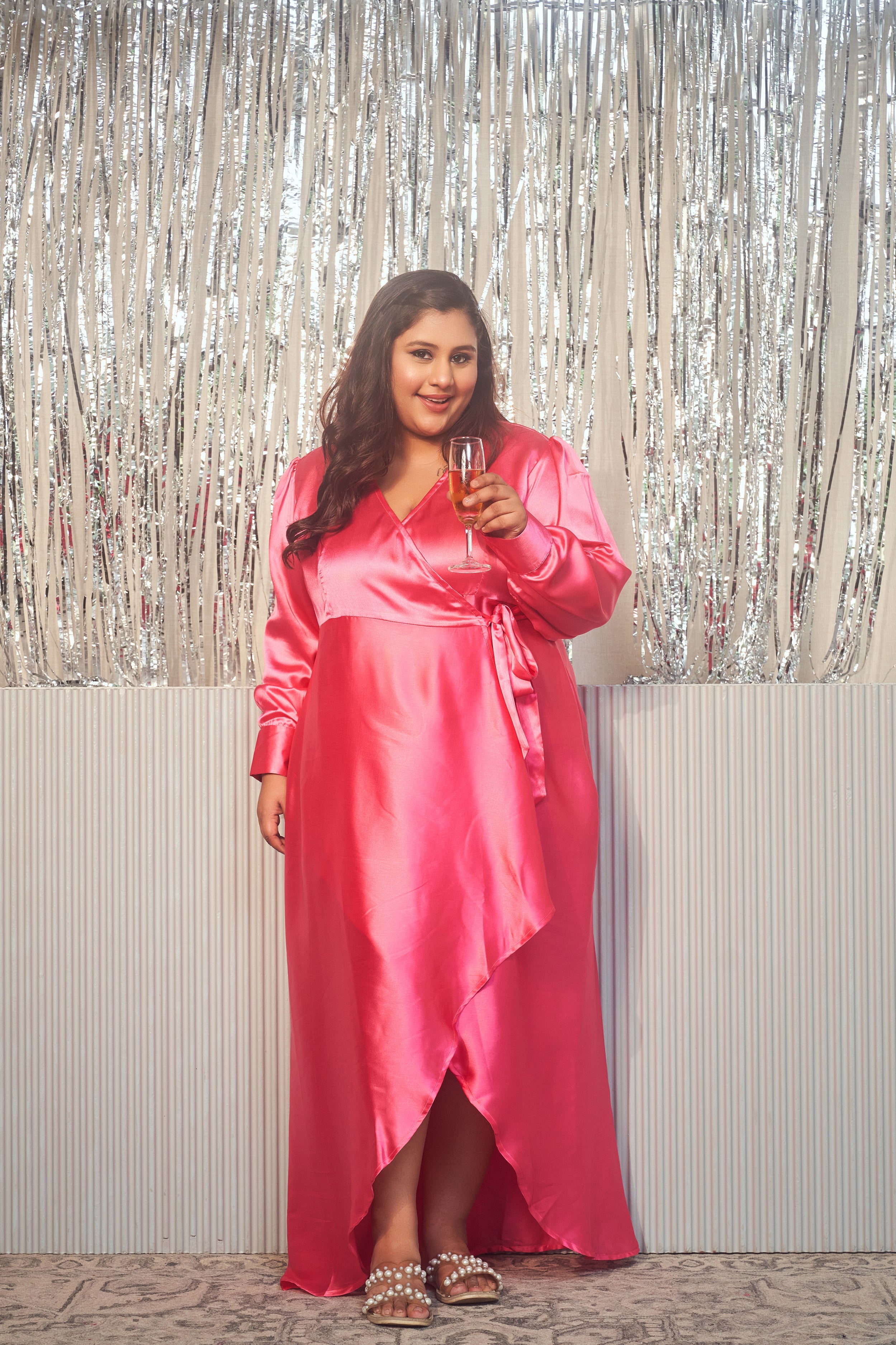 Women's Pink Satin Wrap Gown - Nangalia Ruchira