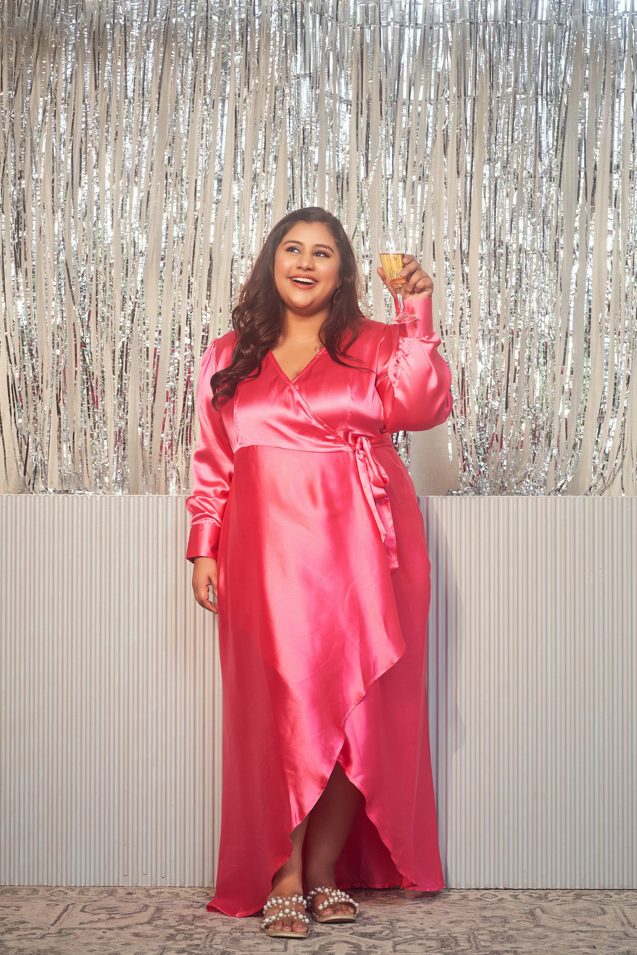 Women's Pink Satin Wrap Gown - Nangalia Ruchira