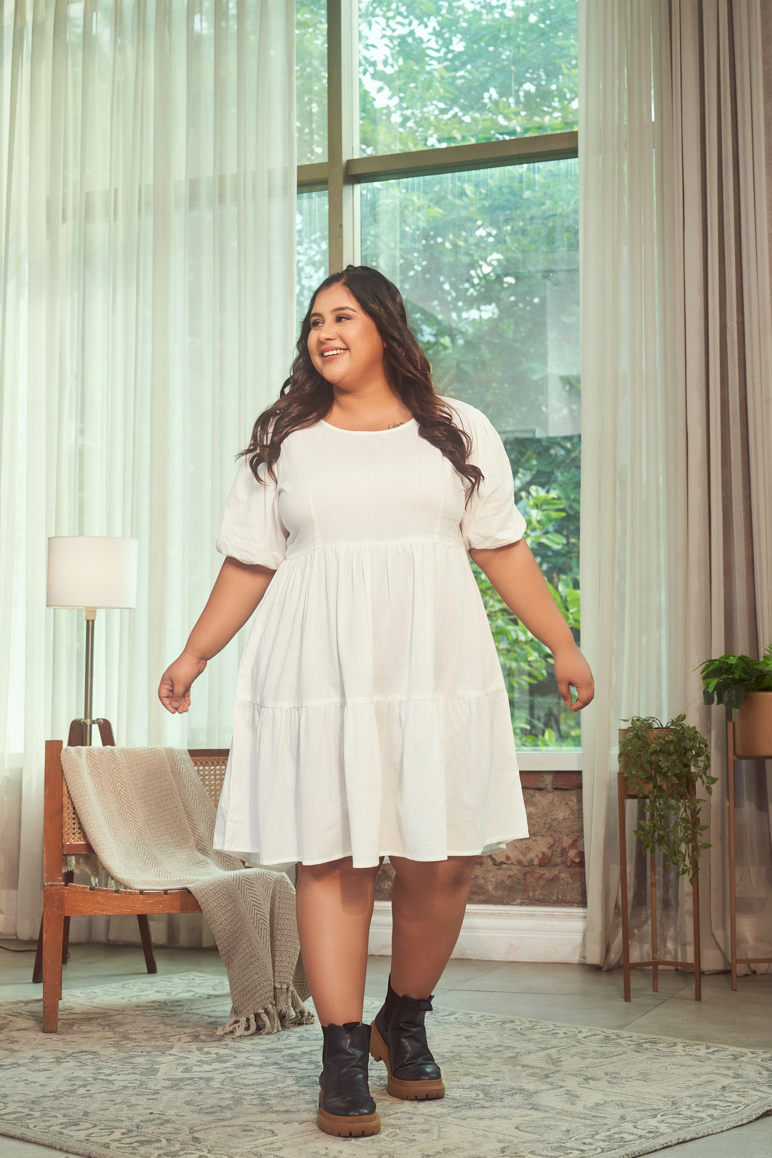 Women's Snow White Tiered Linen Short Dress - Nangalia Ruchira