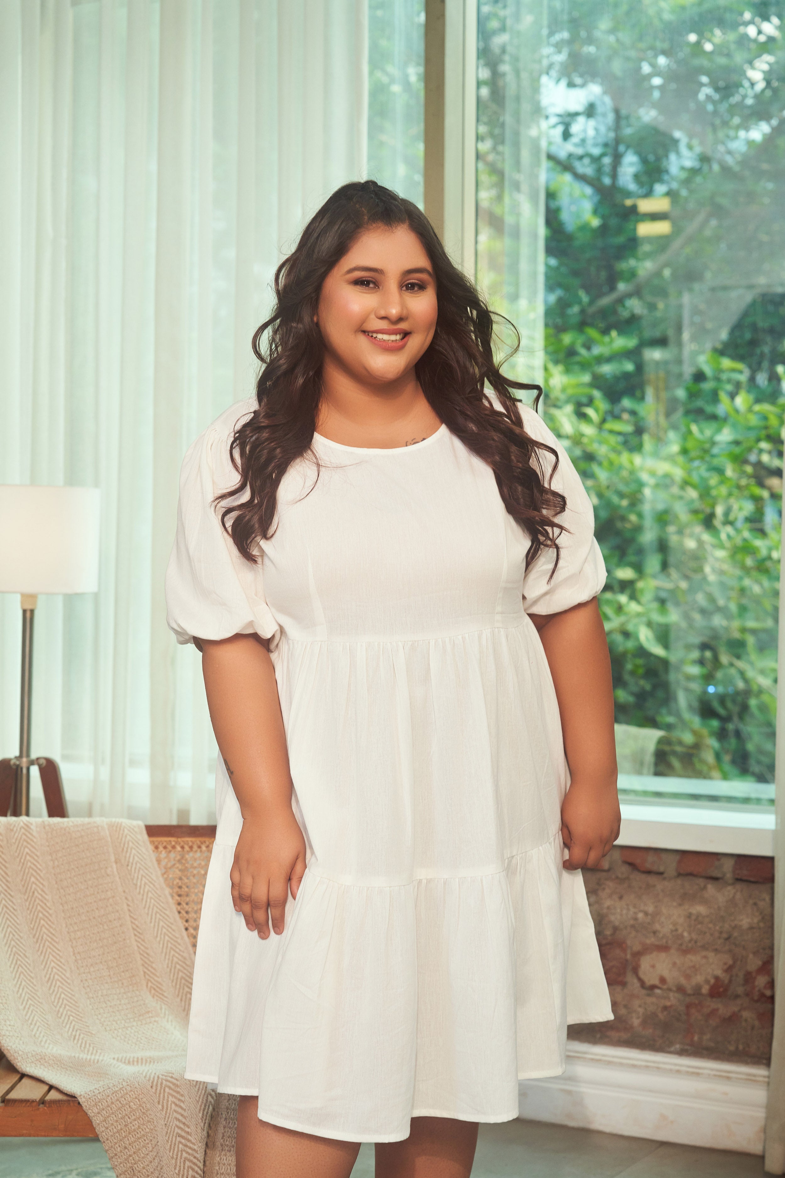 Women's Snow White Tiered Linen Short Dress - Nangalia Ruchira