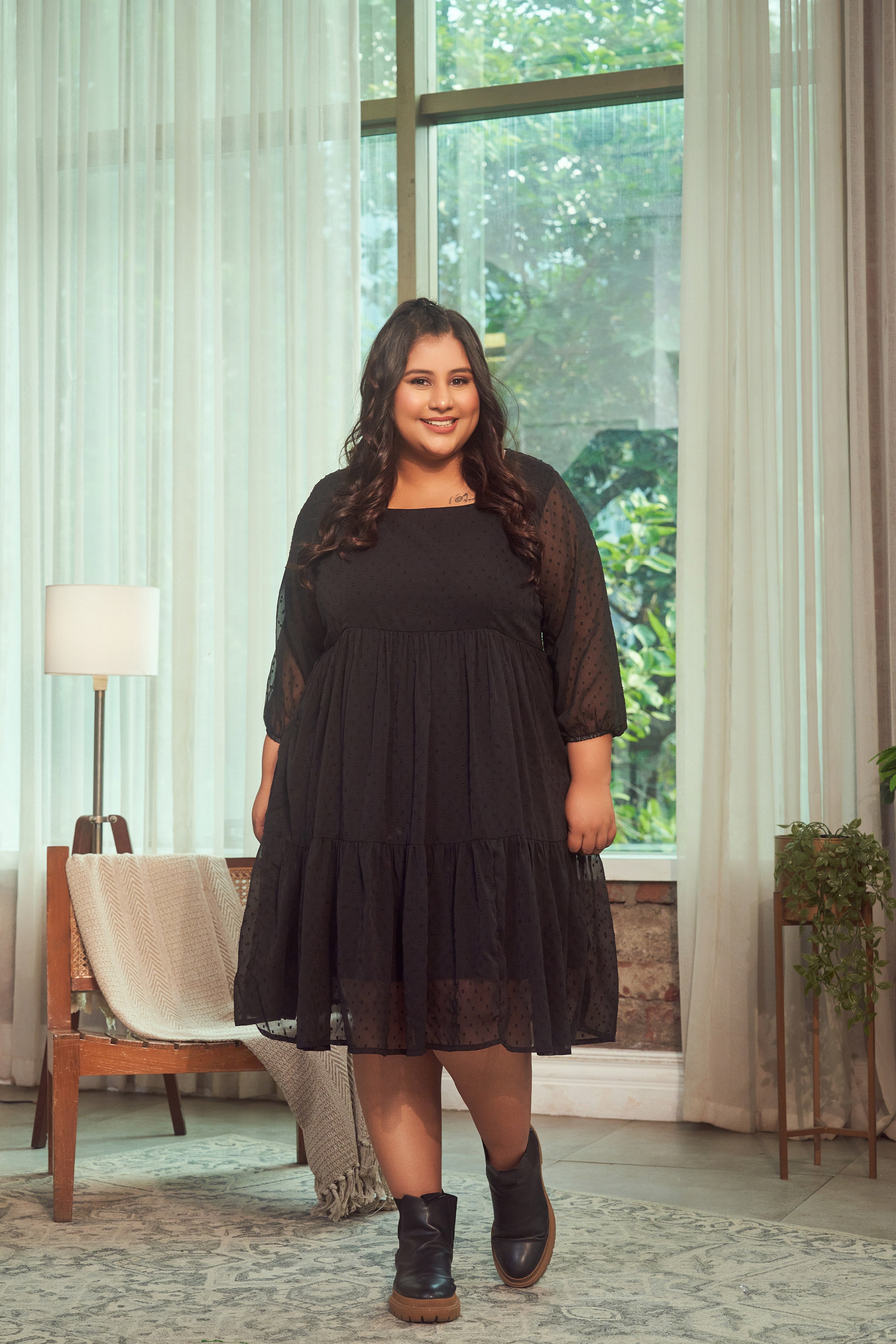 Women's Black Georgette Tiered Short Dress - Nangalia Ruchira