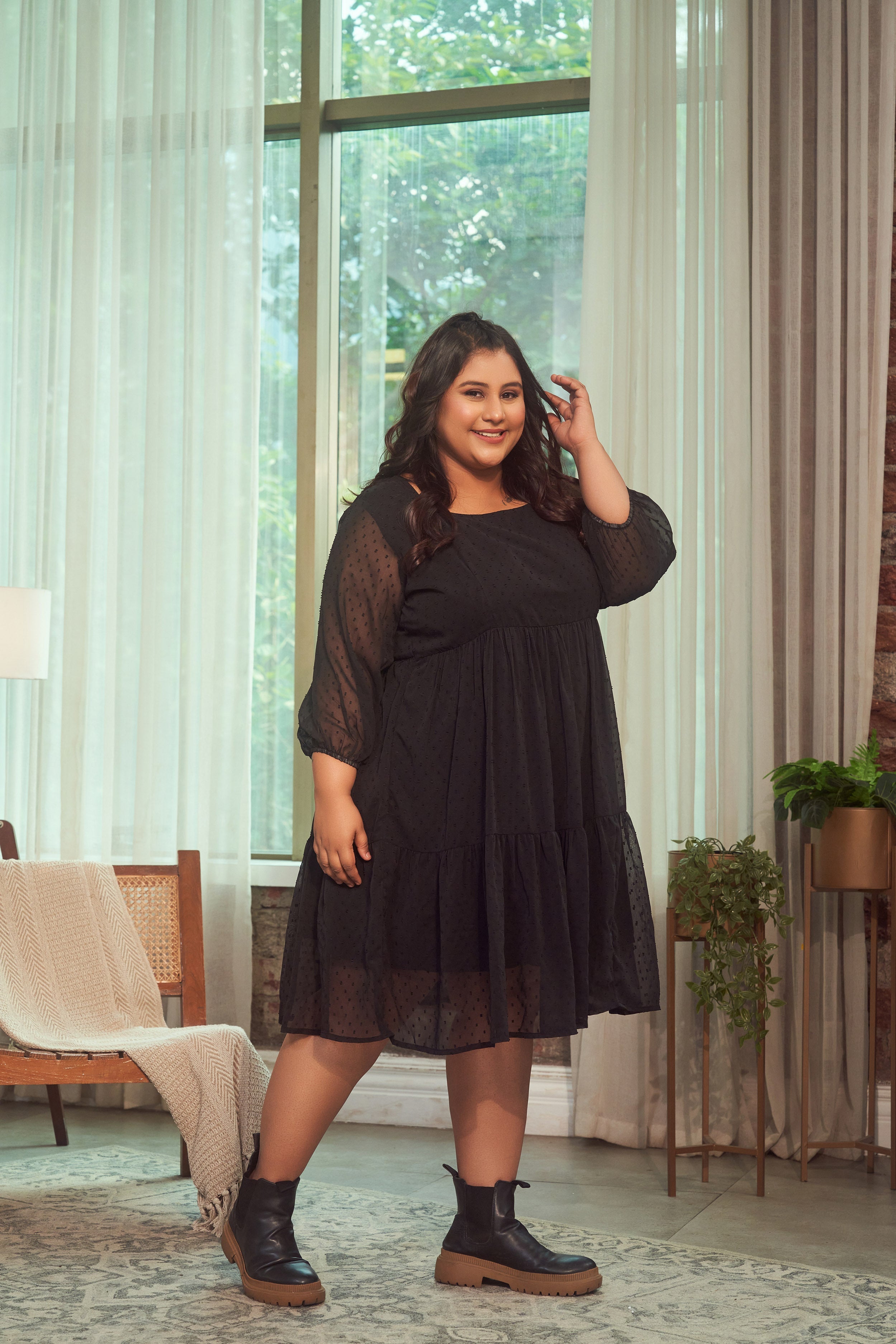 Women's Black Georgette Tiered Short Dress - Nangalia Ruchira