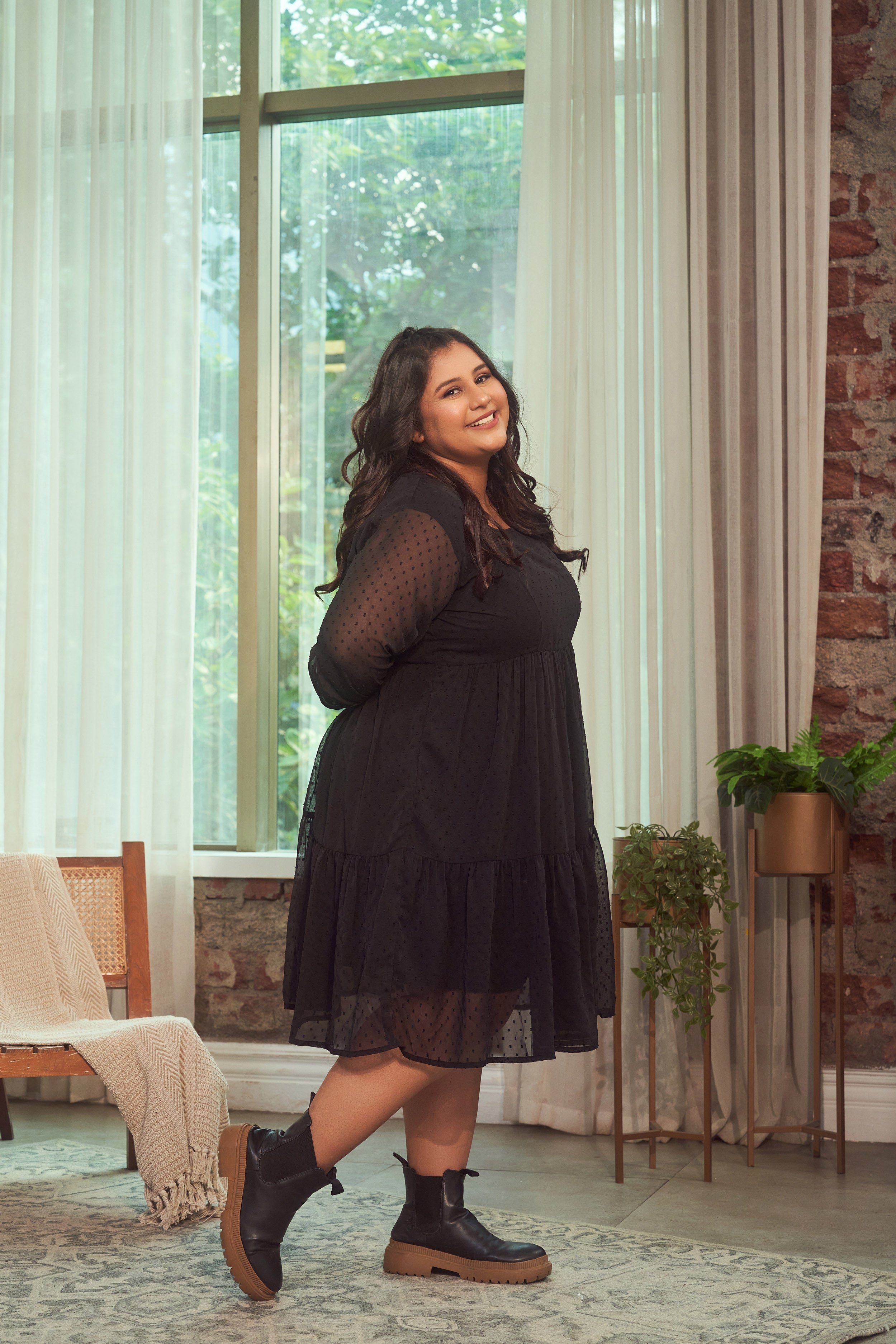Women's Black Georgette Tiered Short Dress - Nangalia Ruchira