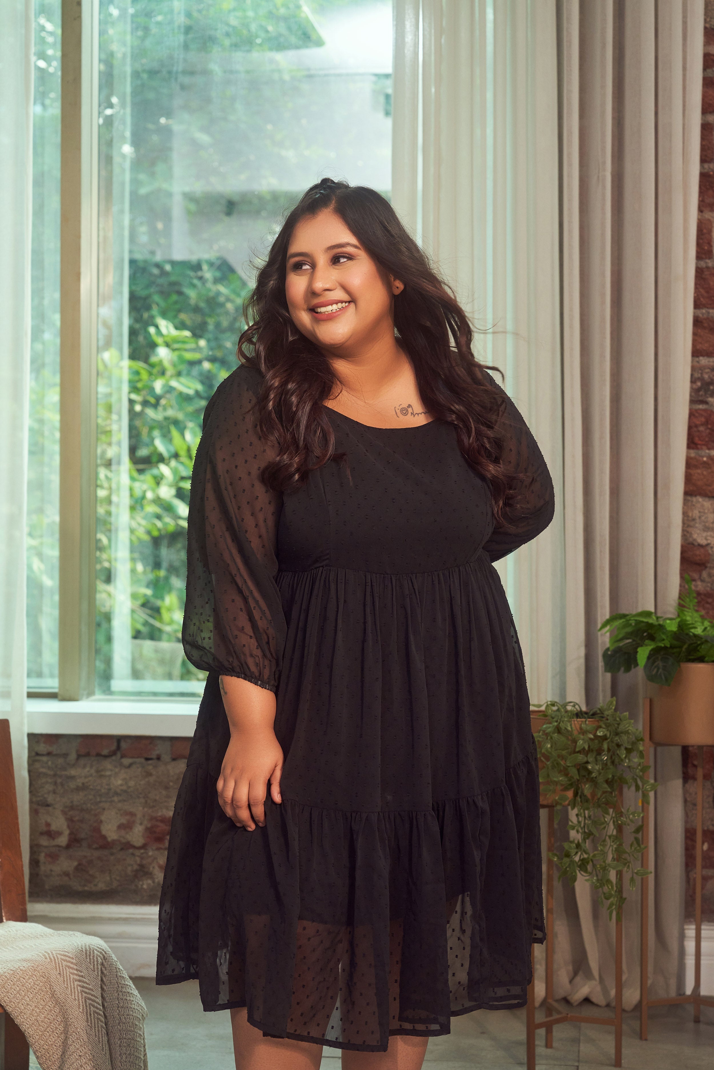 Women's Black Georgette Tiered Short Dress - Nangalia Ruchira