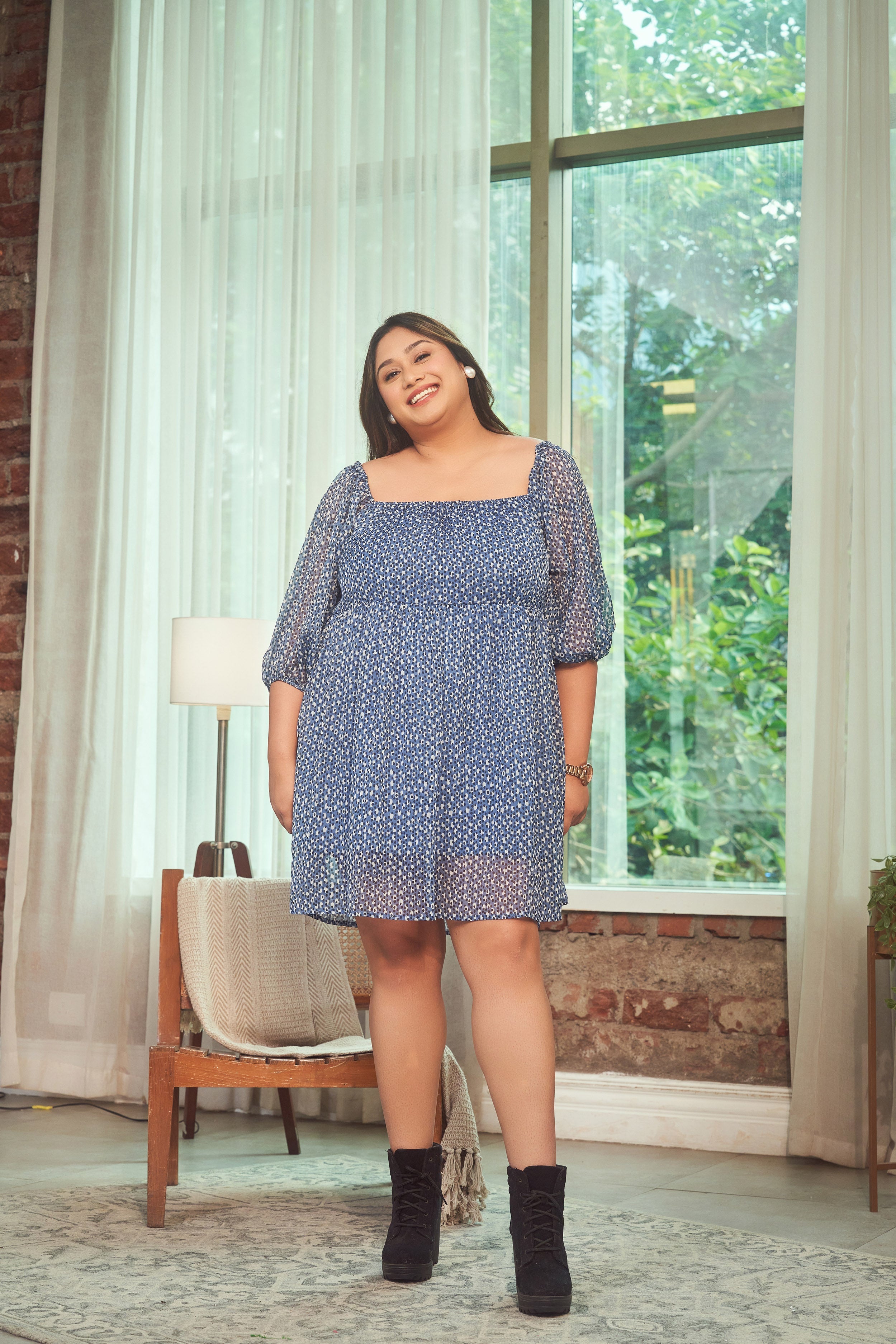 Women's Blue Printed Georgette Short Dress - Nangalia Ruchira