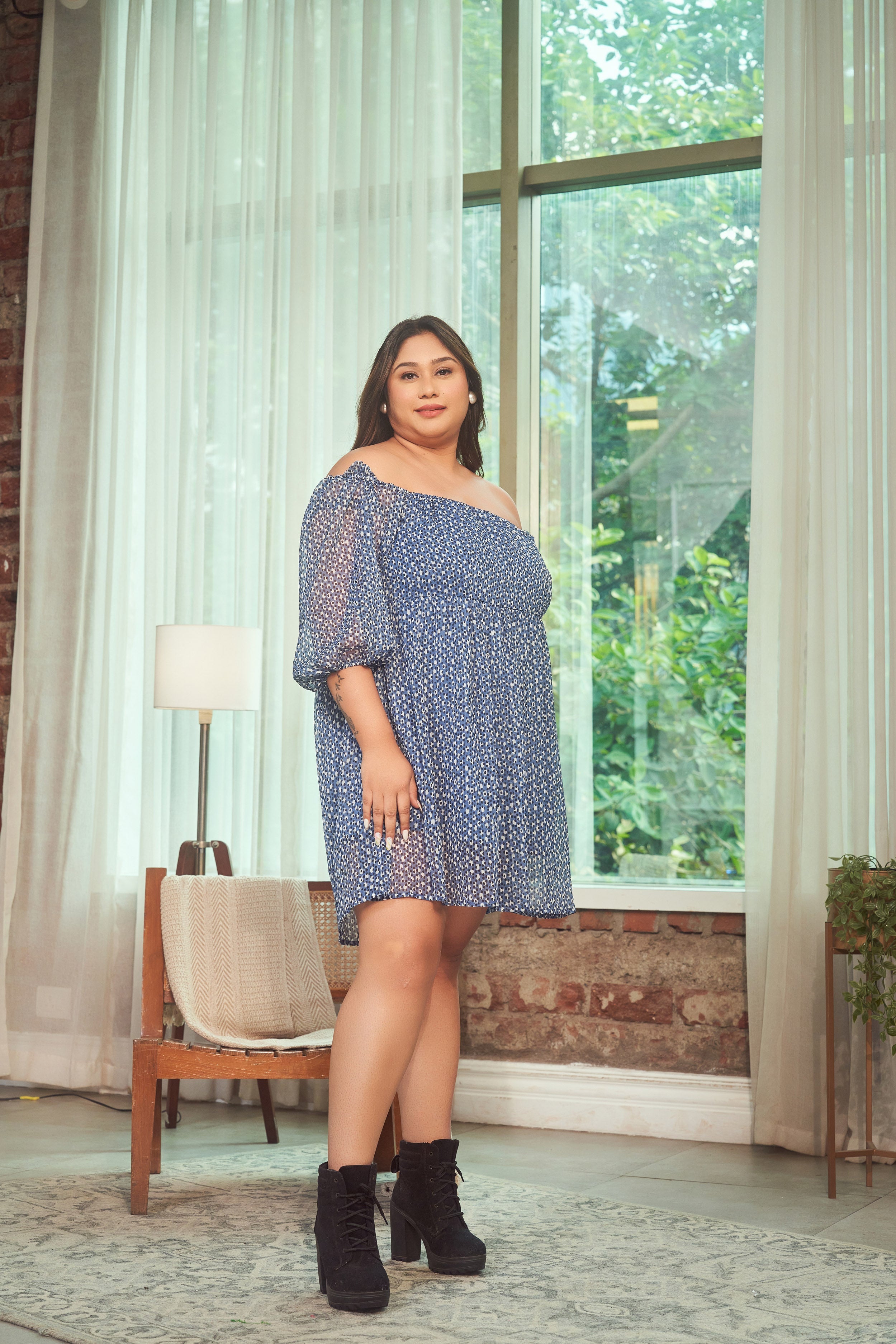 Women's Blue Printed Georgette Short Dress - Nangalia Ruchira