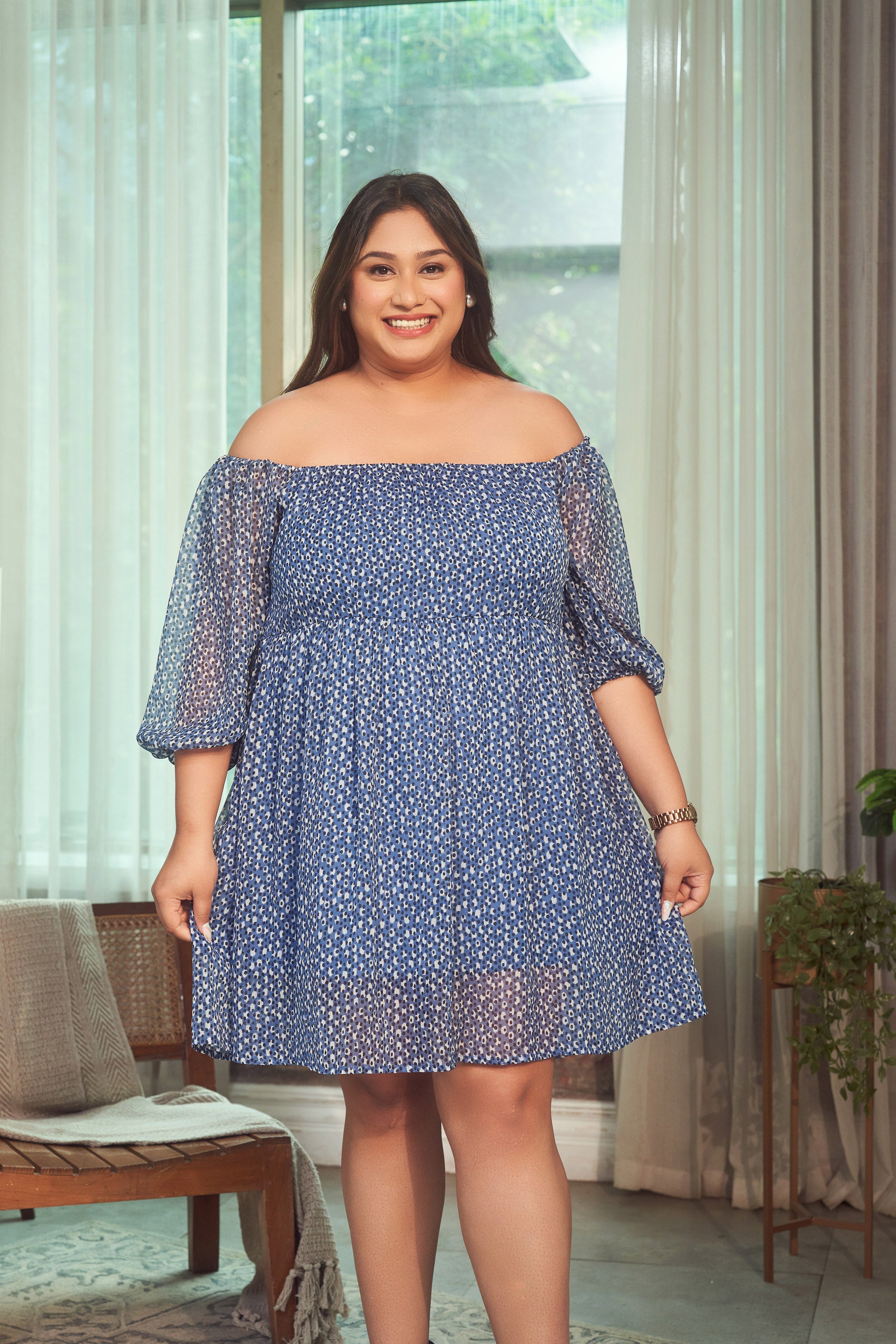 Women's Blue Printed Georgette Short Dress - Nangalia Ruchira