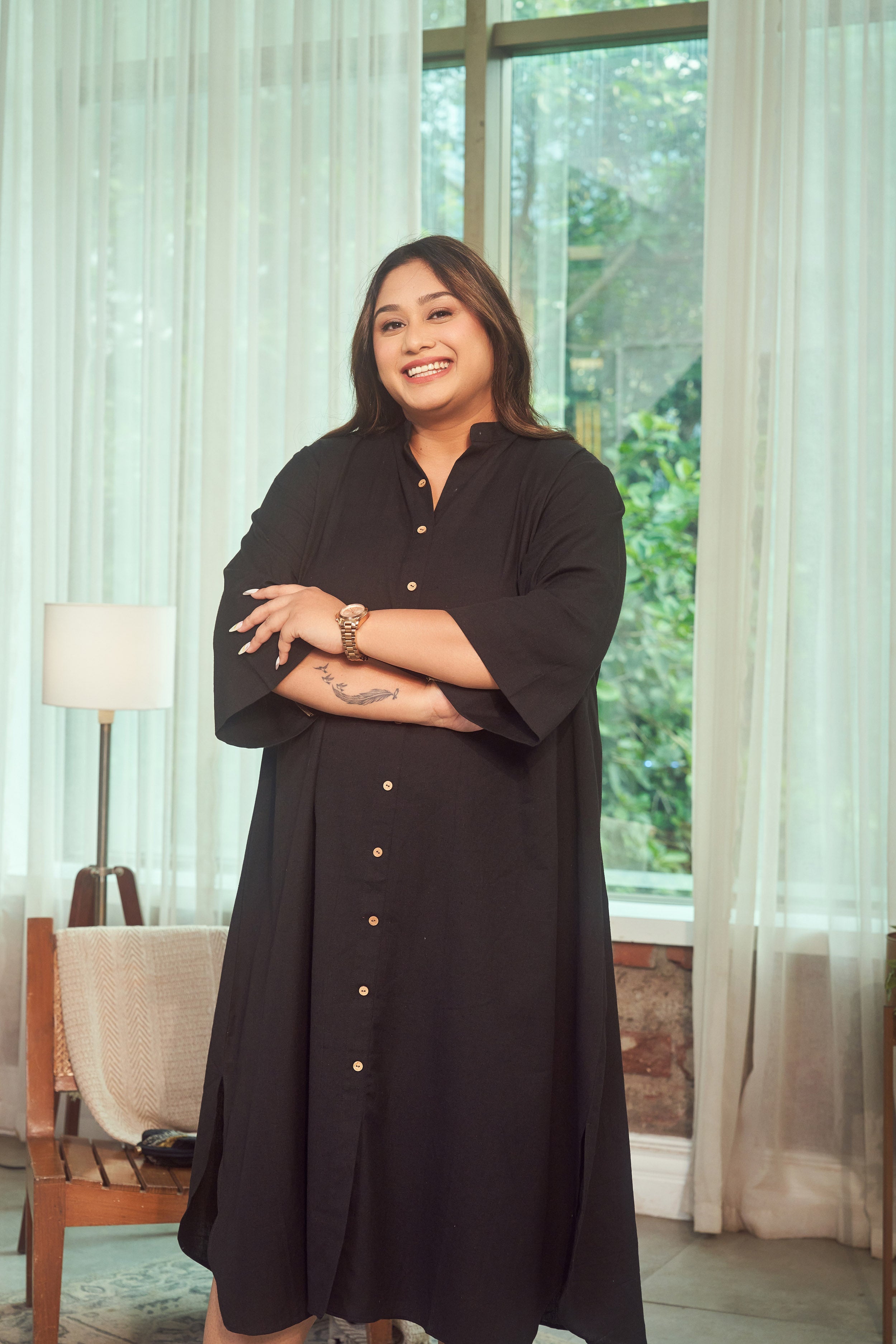 Women's Black Oversized Linen Maxi Button Down Dress - Nangalia Ruchira
