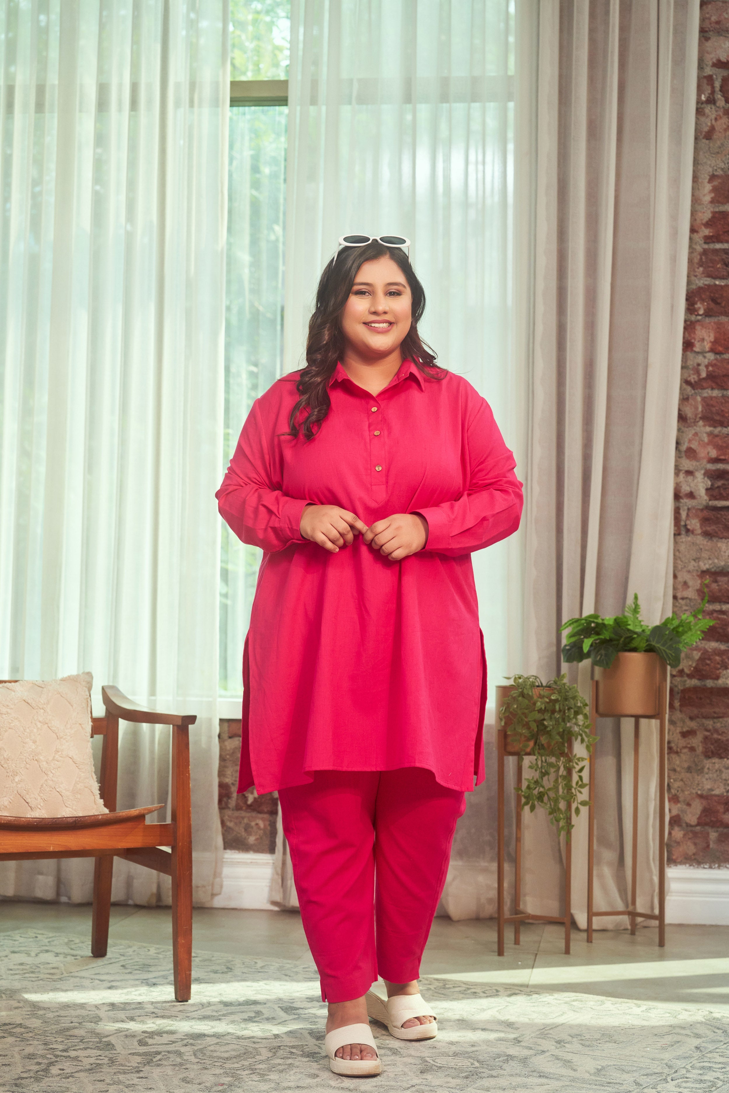 Women's Hot Pink Collared Linen Co-Ord Set - Nangalia Ruchira