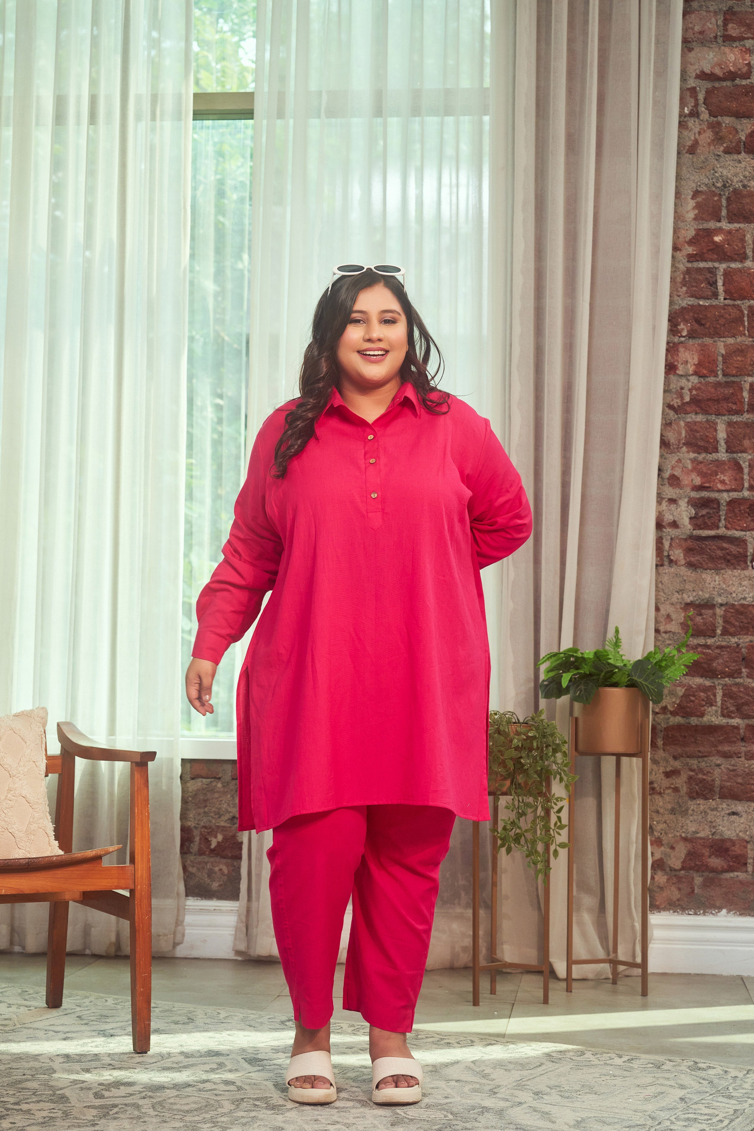 Women's Hot Pink Collared Linen Co-Ord Set - Nangalia Ruchira