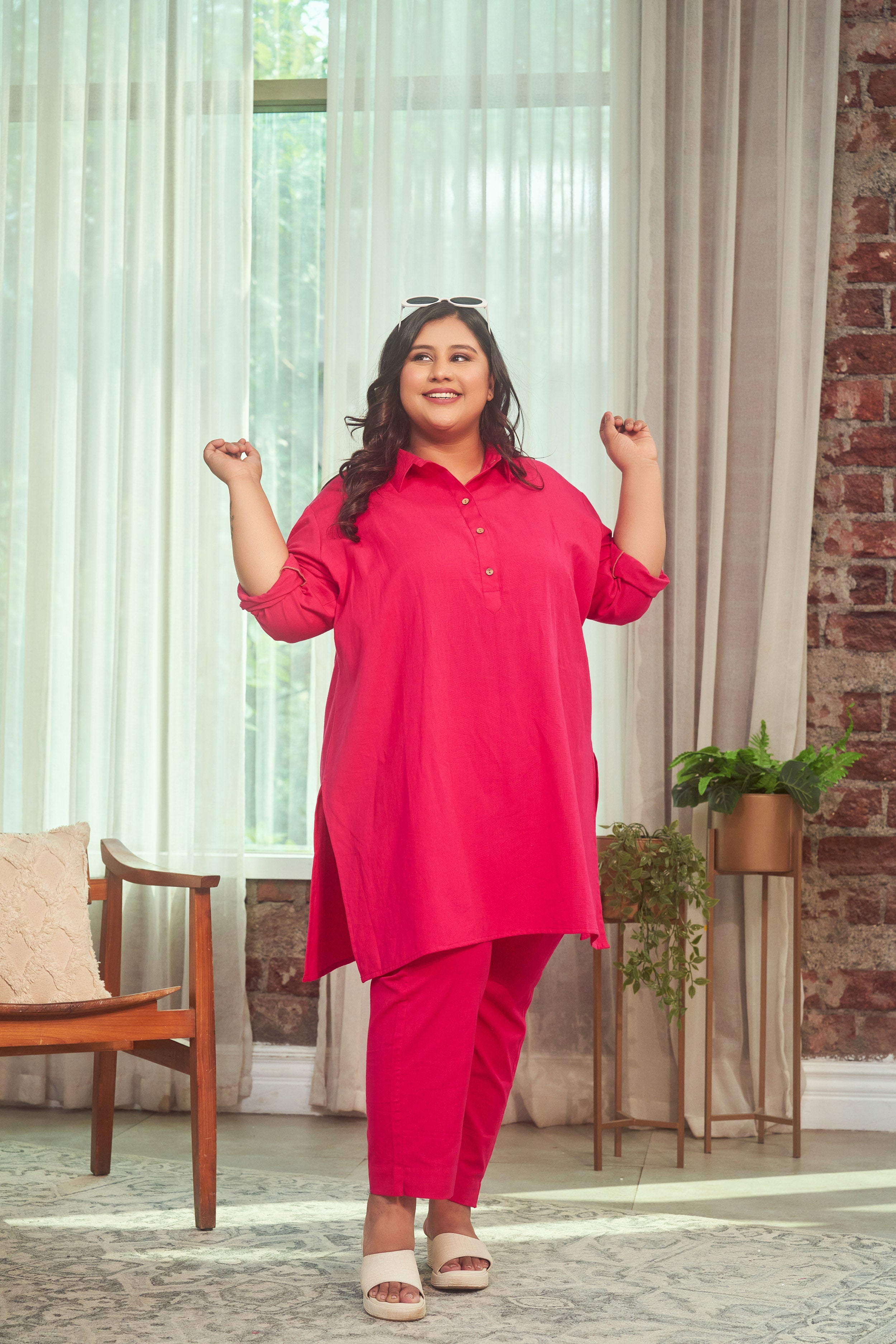 Women's Hot Pink Collared Linen Co-Ord Set - Nangalia Ruchira