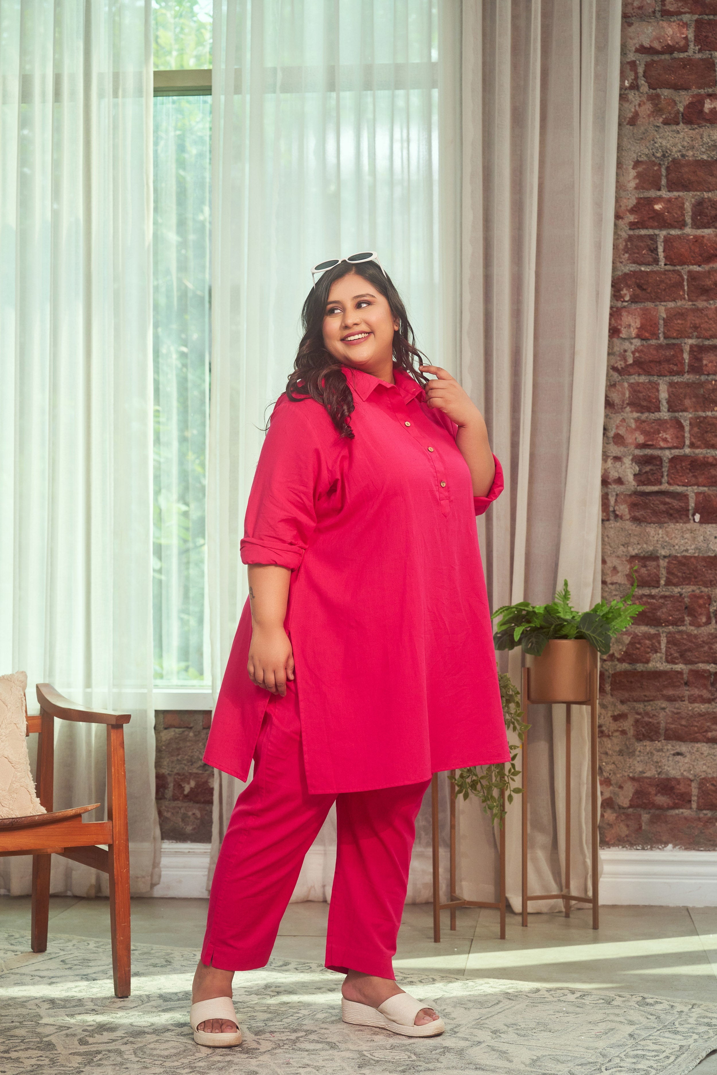 Women's Hot Pink Collared Linen Co-Ord Set - Nangalia Ruchira
