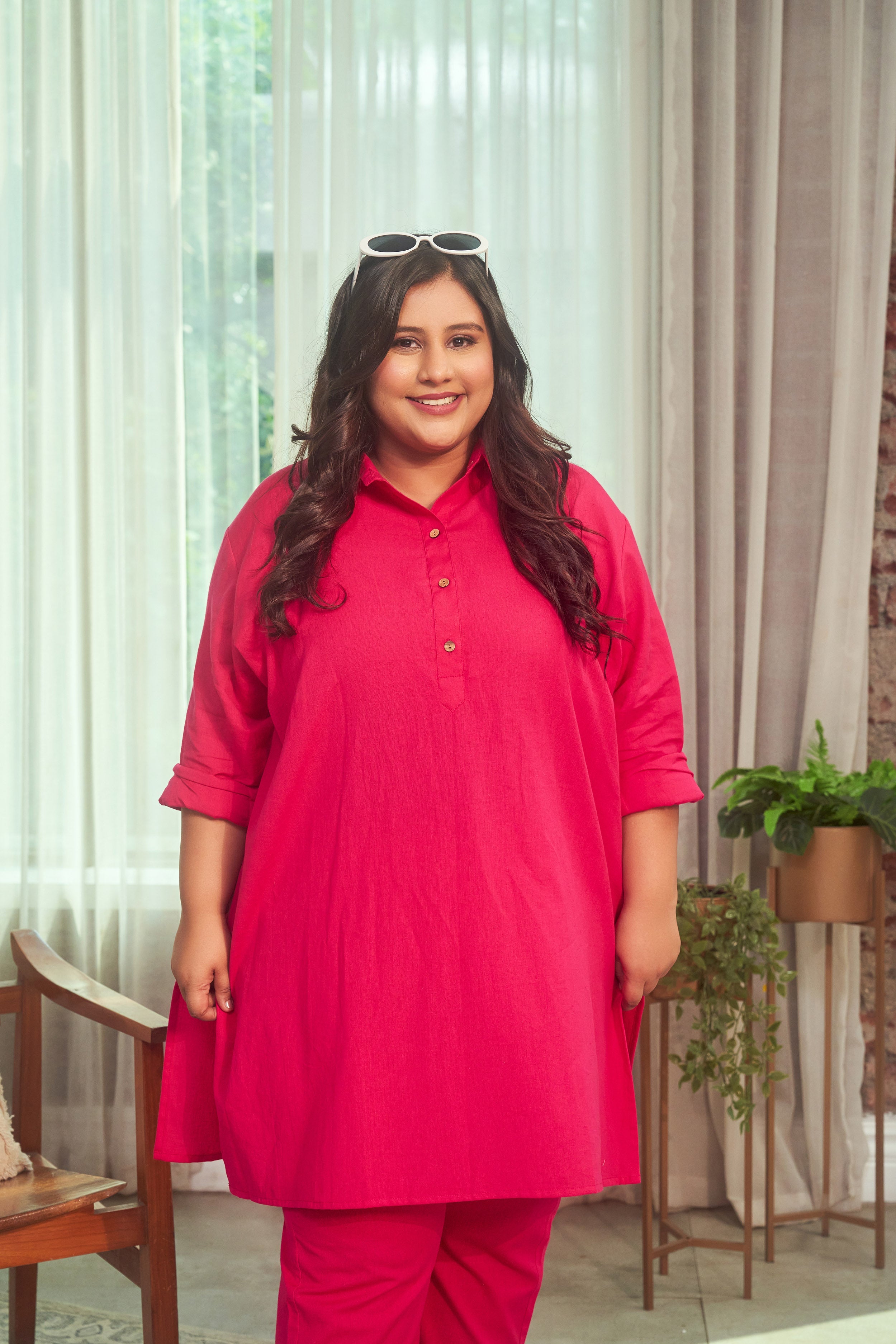 Women's Hot Pink Collared Linen Co-Ord Set - Nangalia Ruchira