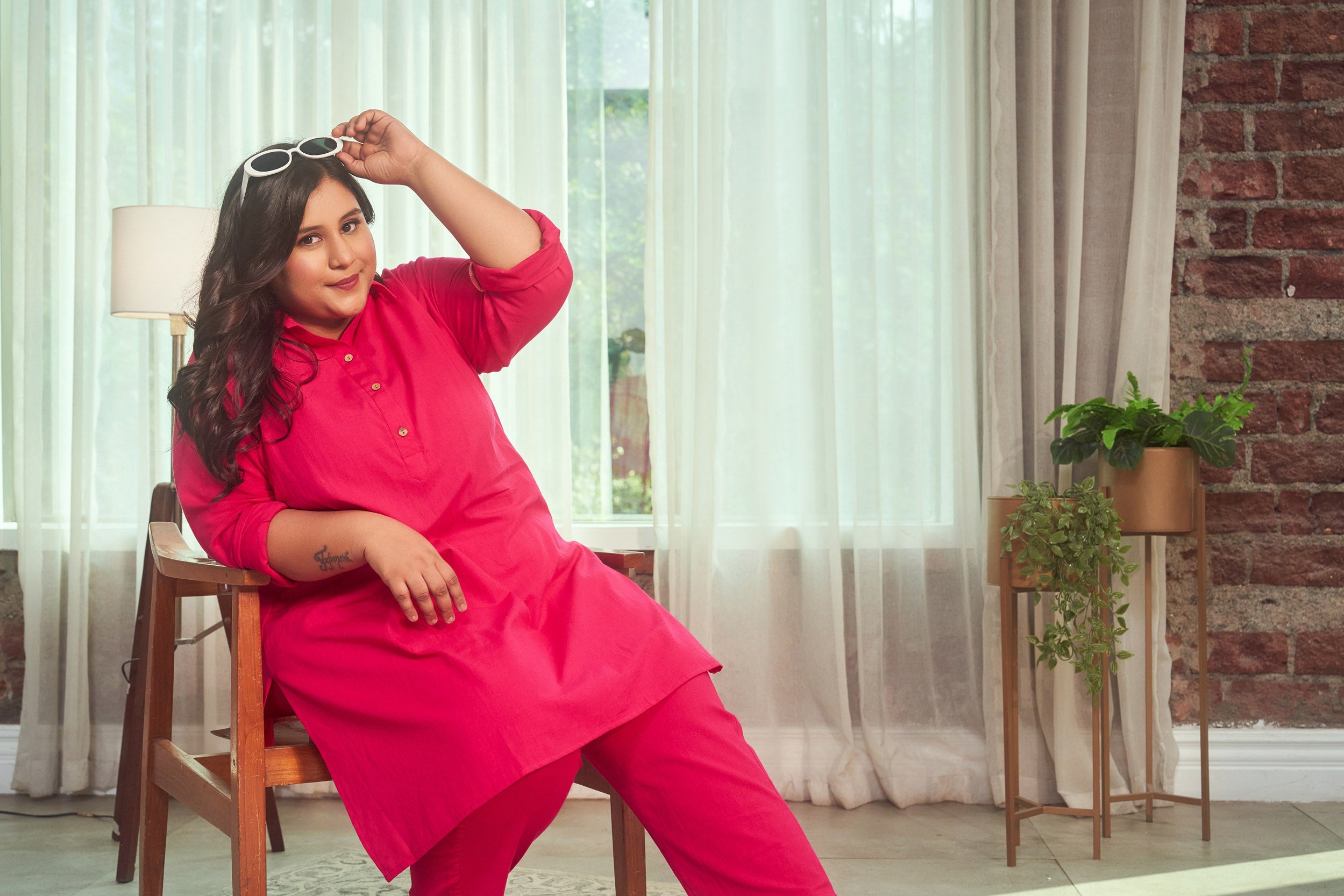 Women's Hot Pink Collared Linen Co-Ord Set - Nangalia Ruchira
