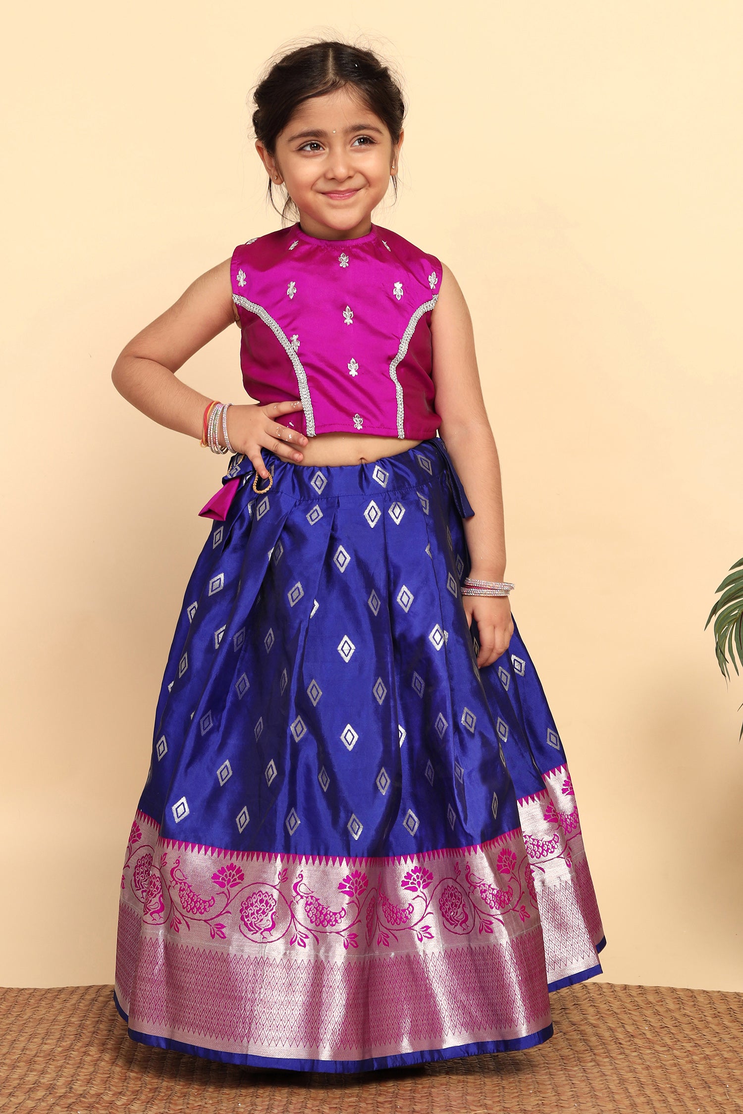 Girl's Rani Pink Jacquard Work Lehenga Choli Set - Fashion Dream